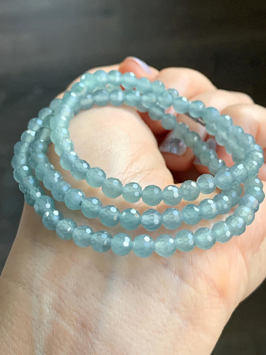 Natural Guatemalan Grade A Icy Highly Translucent Light Teal Blue Faceted Jadeite Beads Beaded Necklace 5mm 20" 22g 天然冰危淡蓝翡翠切割面圆珠项链 XQG450