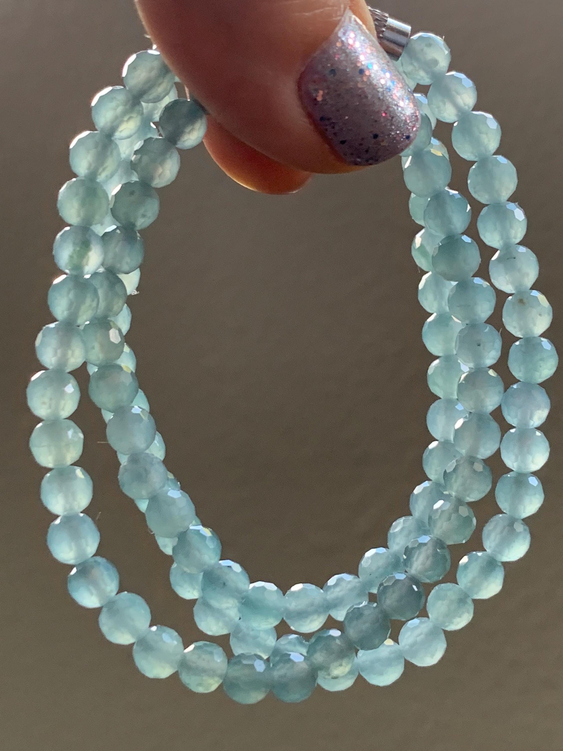 Natural Guatemalan Grade A Icy Highly Translucent Light Teal Blue Faceted Jadeite Beads Beaded Necklace 5mm 20" 22g 天然冰危淡蓝翡翠切割面圆珠项链 XQG450