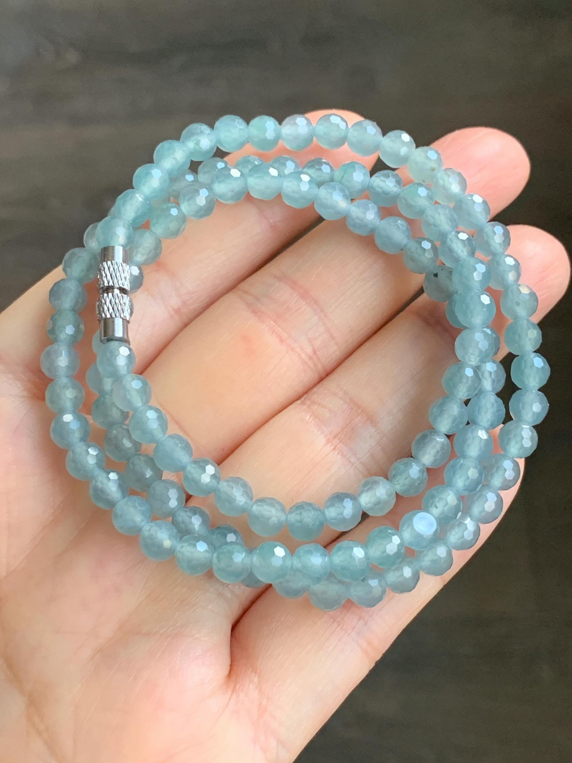 Natural Guatemalan Grade A Icy Highly Translucent Light Teal Blue Faceted Jadeite Beads Beaded Necklace 5mm 20" 22g 天然冰危淡蓝翡翠切割面圆珠项链 XQG450