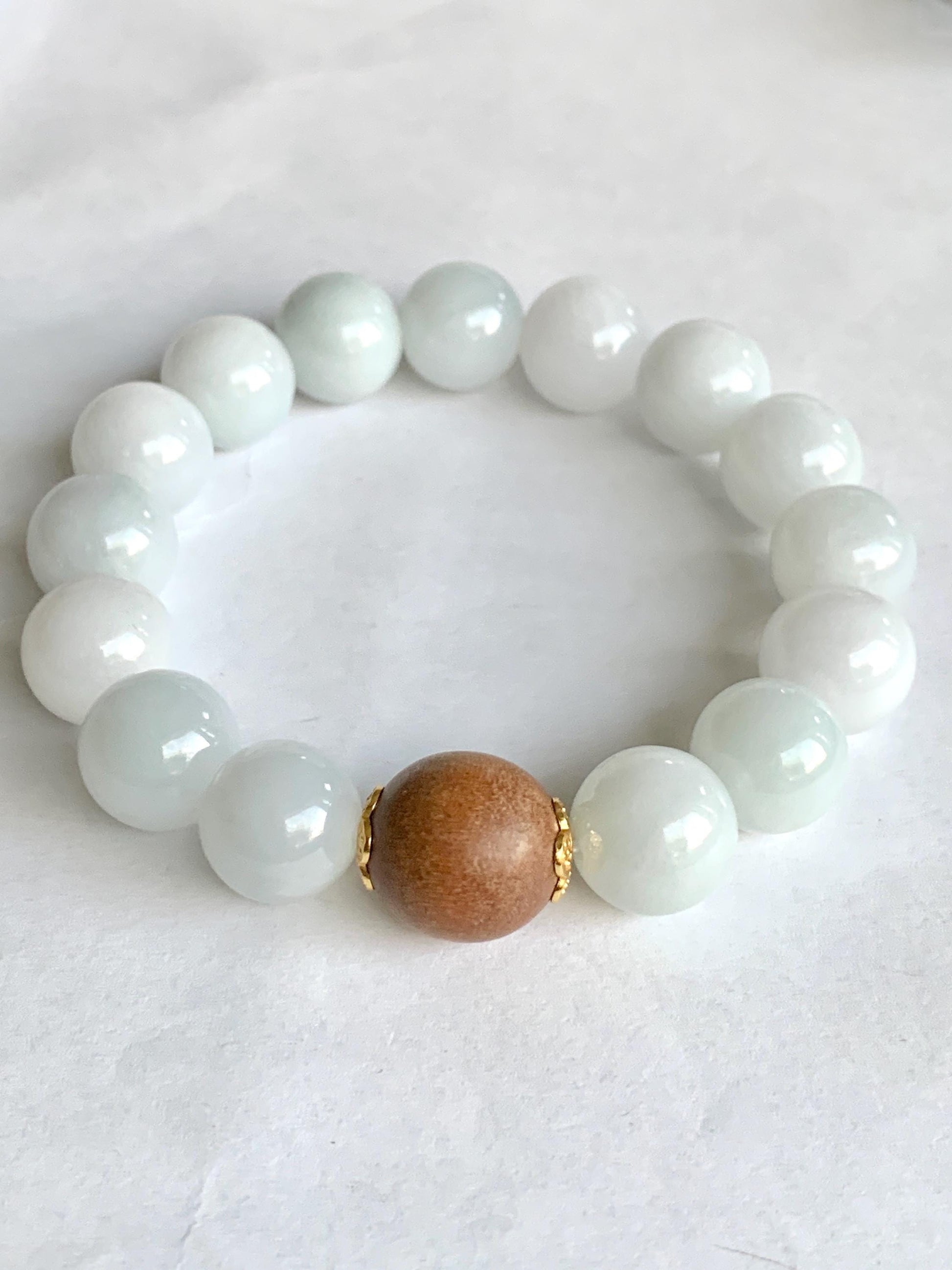 Large Natural Burmese Icy Translucent White Jadeite Beads Laoshan Sandalwood Beaded Bracelet Sterling Silver 12.5mm 7.25” 52g 天然缅甸白冰翡翠大珠手串