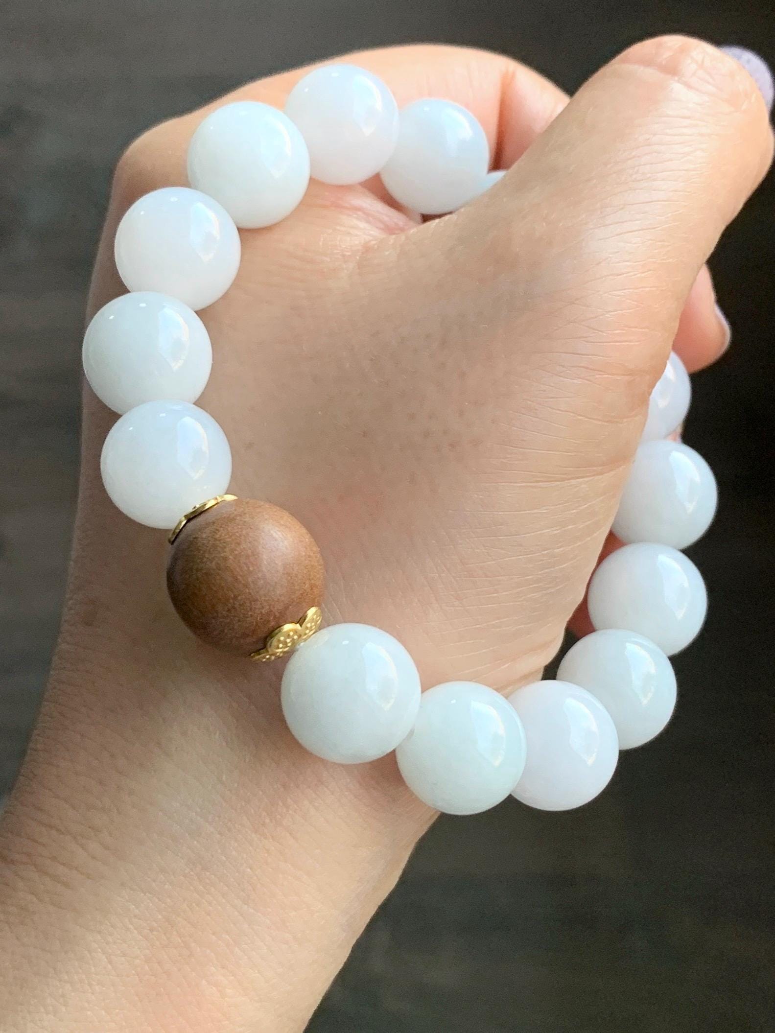 Large Natural Burmese Icy Translucent White Jadeite Beads Laoshan Sandalwood Beaded Bracelet Sterling Silver 12.5mm 7.25” 52g 天然缅甸白冰翡翠大珠手串