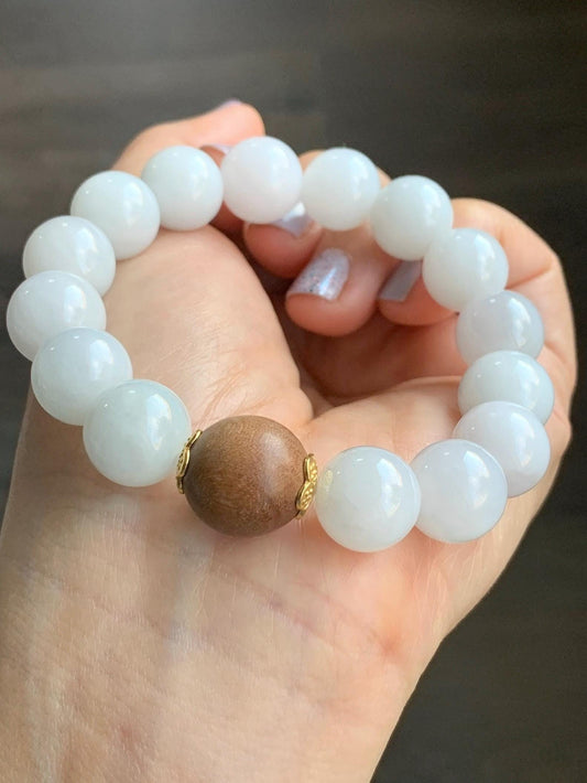 Large Natural Burmese Icy Translucent White Jadeite Beads Laoshan Sandalwood Beaded Bracelet Sterling Silver 12.5mm 7.25” 52g 天然缅甸白冰翡翠大珠手串