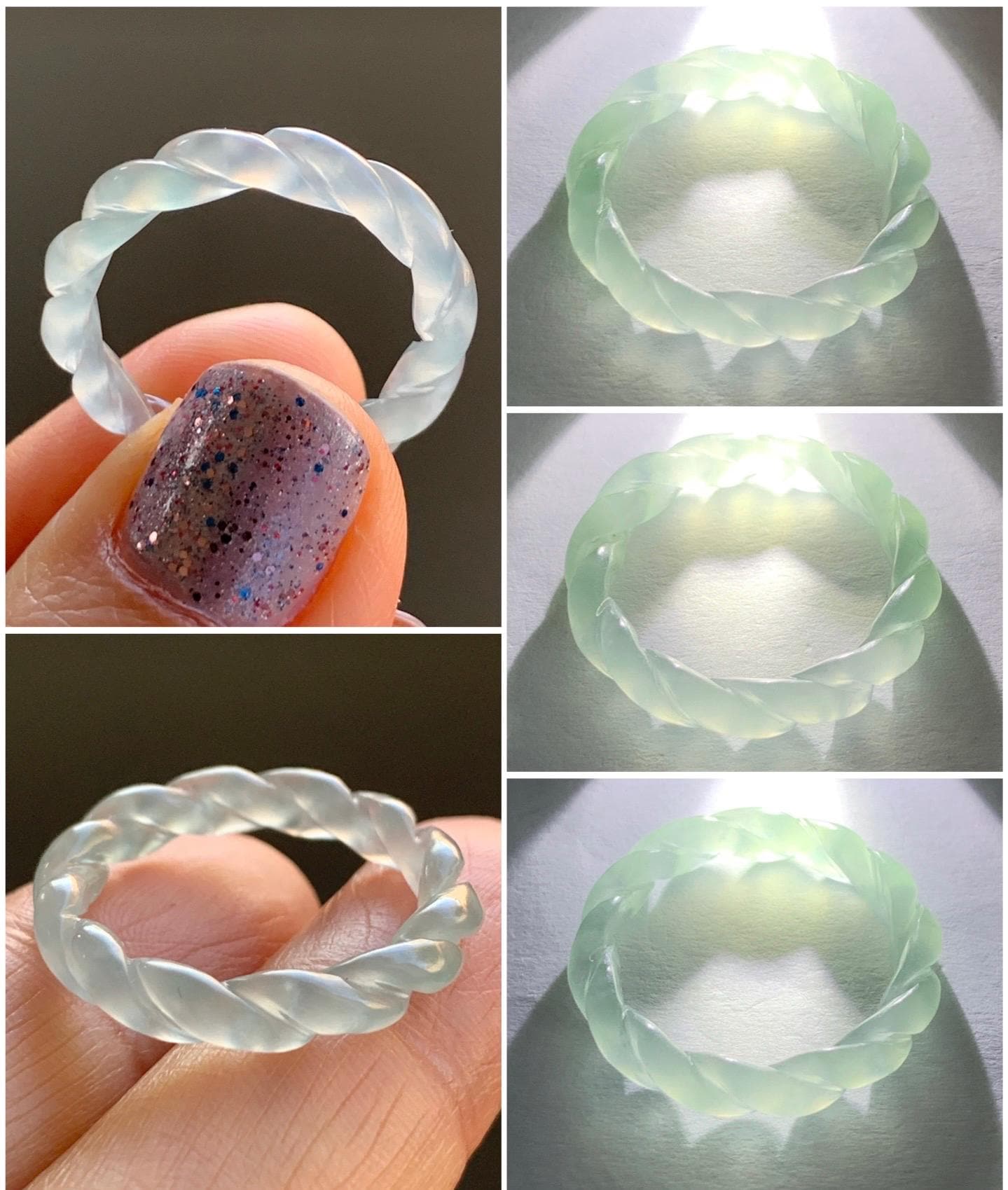 Natural Guatemalan Icy Highly Translucent Gelatinous Light Blue Jadeite Carved Braid Band Ring Size 6.75 US 2g 天然高冰危浅蓝起光翡翠麻花戒圈 MHJ675