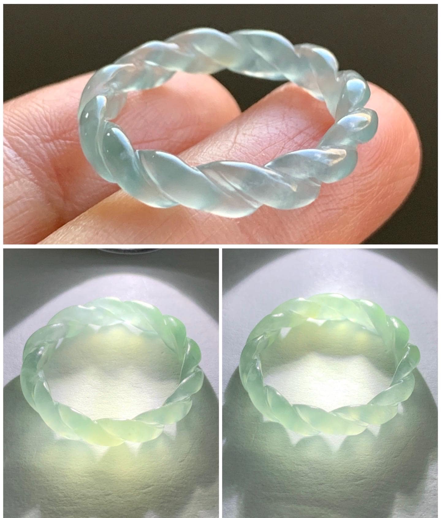 Natural Guatemalan Icy Highly Translucent Gelatinous Light Blue Jadeite Carved Braid Band Ring Size 6.5 US 2g 天然高冰危浅蓝起光翡翠麻花戒圈 MHJ65