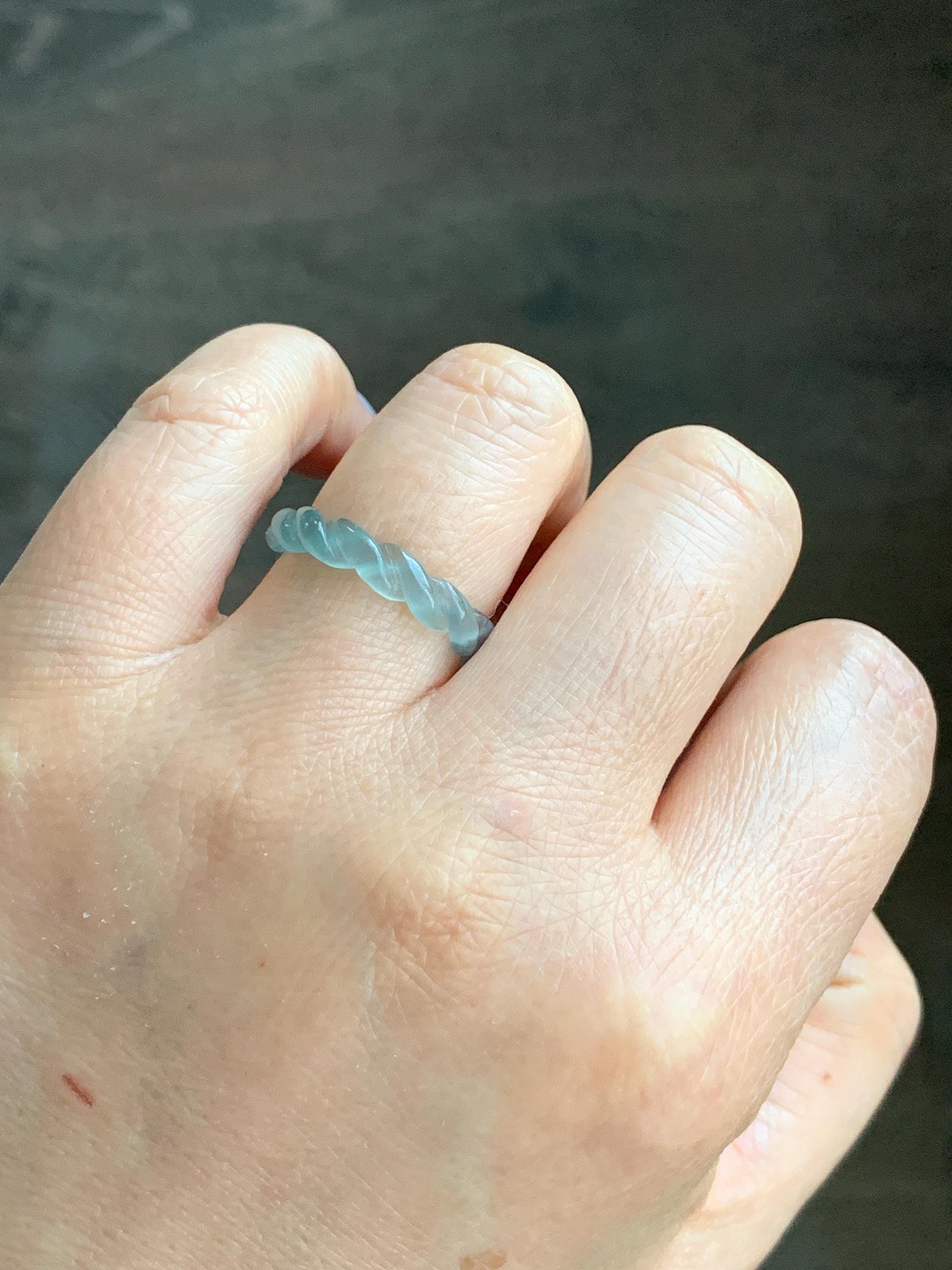 Natural Guatemalan Icy Highly Translucent Gelatinous Light Blue Jadeite Carved Braid Band Ring Size 6.5 US 2g 天然高冰危浅蓝起光翡翠麻花戒圈 MHJ65