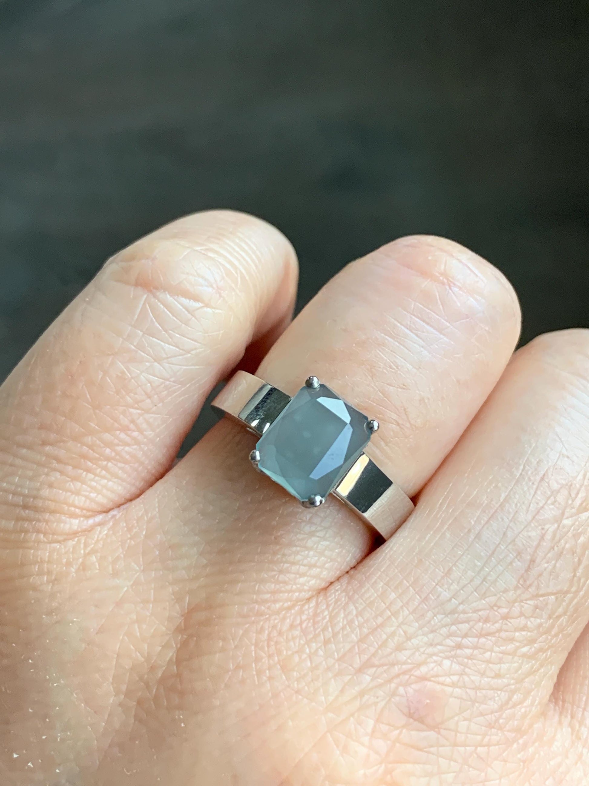 Certified Natural Guatemalan Garde A Icy Translucent Light Blue Emerald Cut Jadeite Ring Sterling Silver Size 7.25 天然冰危淡蓝绿宝石切割面翡翠银镶戒指 7380