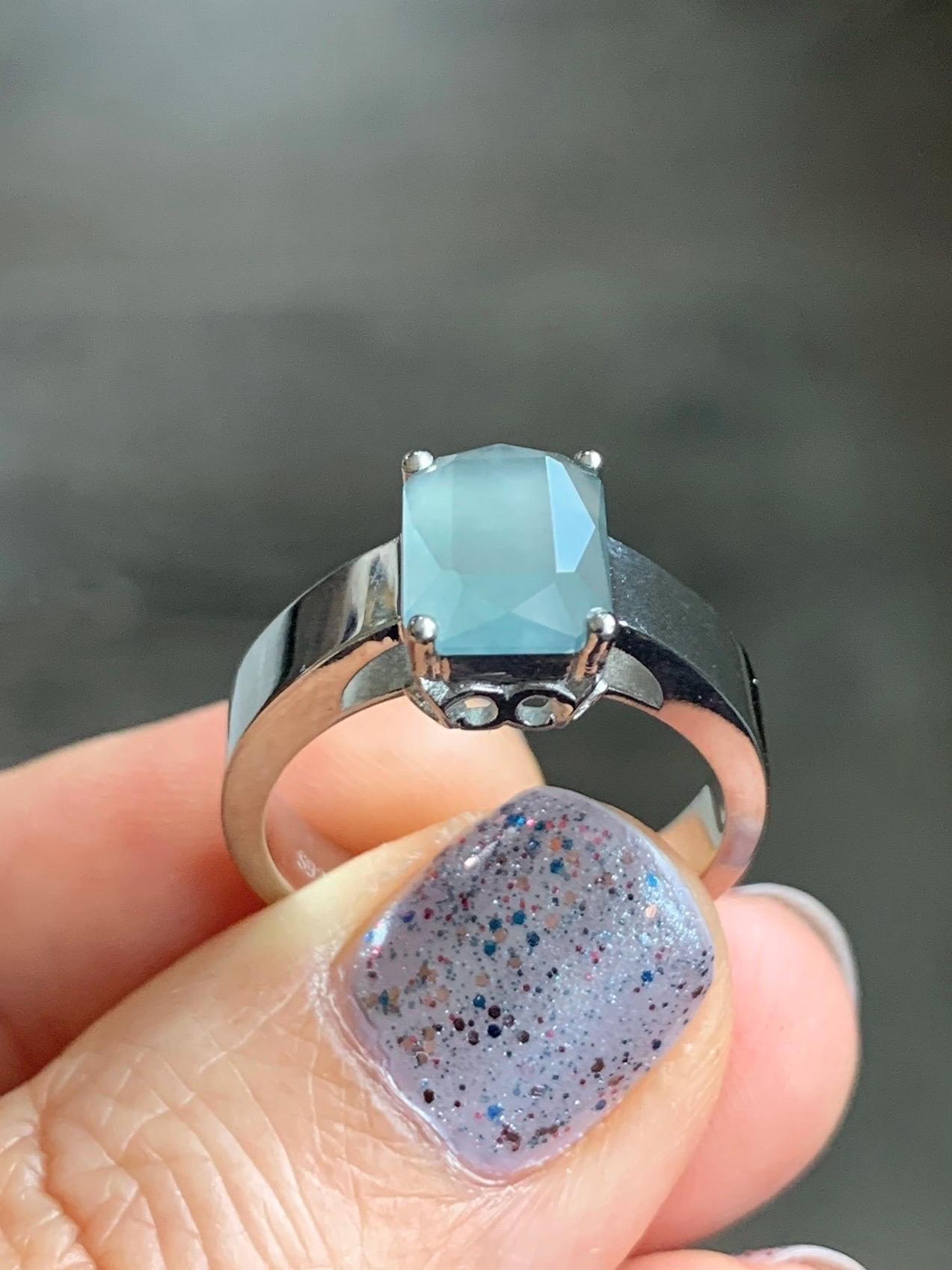 Certified Natural Guatemalan Garde A Icy Translucent Light Blue Emerald Cut Jadeite Ring Sterling Silver Size 7.25 天然冰危淡蓝绿宝石切割面翡翠银镶戒指 7380