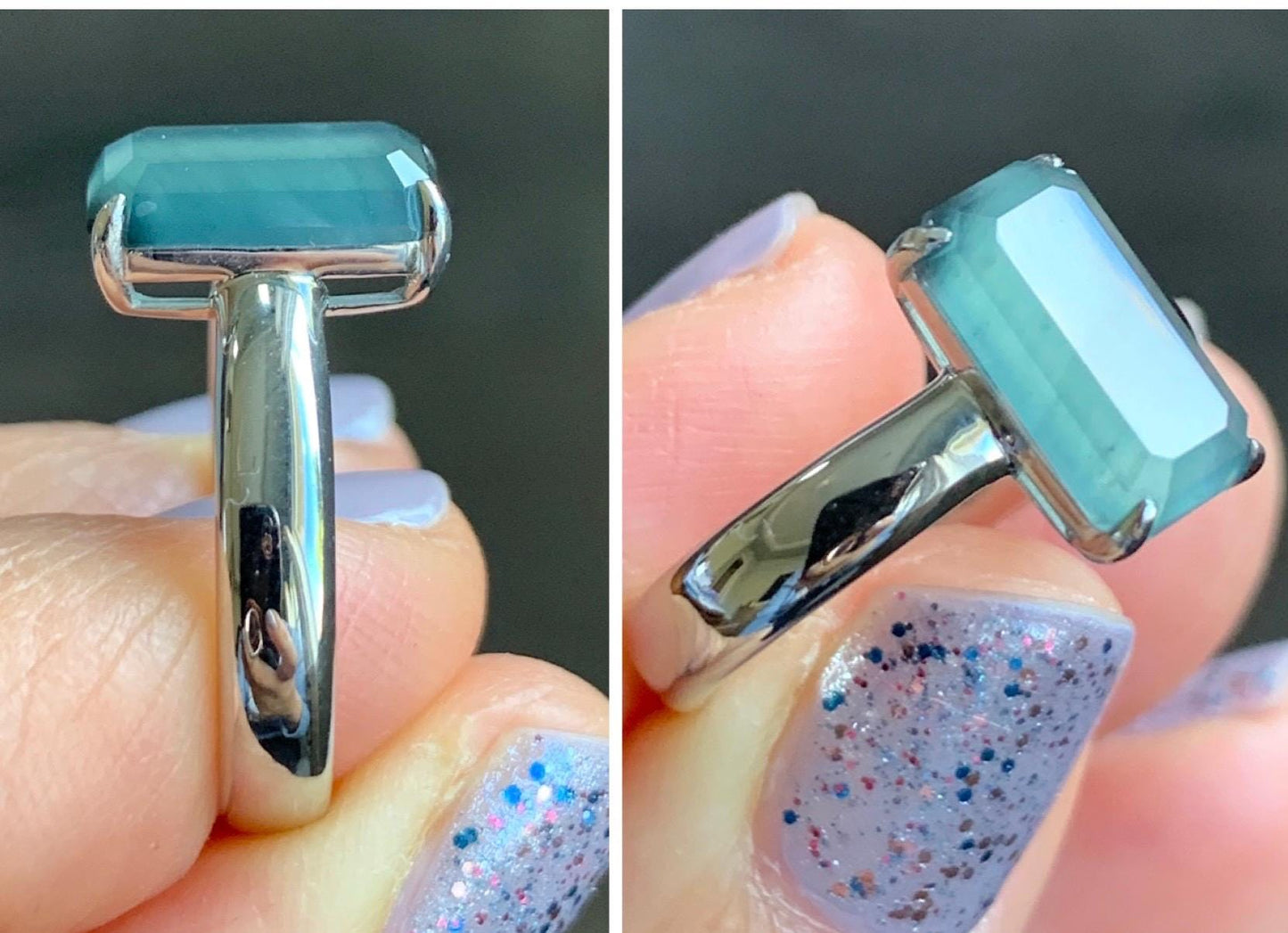 Certified Natural Guatemalan Garde A Icy Translucent Teal Blue Emerald Cut Jadeite Ring Sterling Silver Size 7.25 US 天然冰危蓝绿宝石切割面翡翠银镶戒指 7391