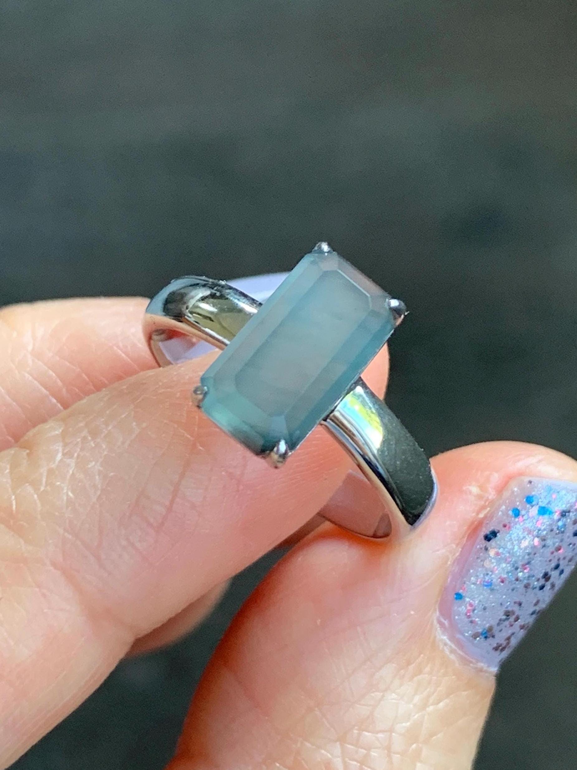 Certified Natural Guatemalan Garde A Icy Translucent Teal Blue Emerald Cut Jadeite Ring Sterling Silver Size 7.25 US 天然冰危蓝绿宝石切割面翡翠银镶戒指 7391