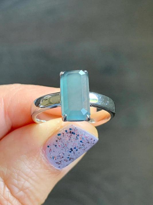 Certified Natural Guatemalan Garde A Icy Translucent Teal Blue Emerald Cut Jadeite Ring Sterling Silver Size 7.25 US 天然冰危蓝绿宝石切割面翡翠银镶戒指 7391