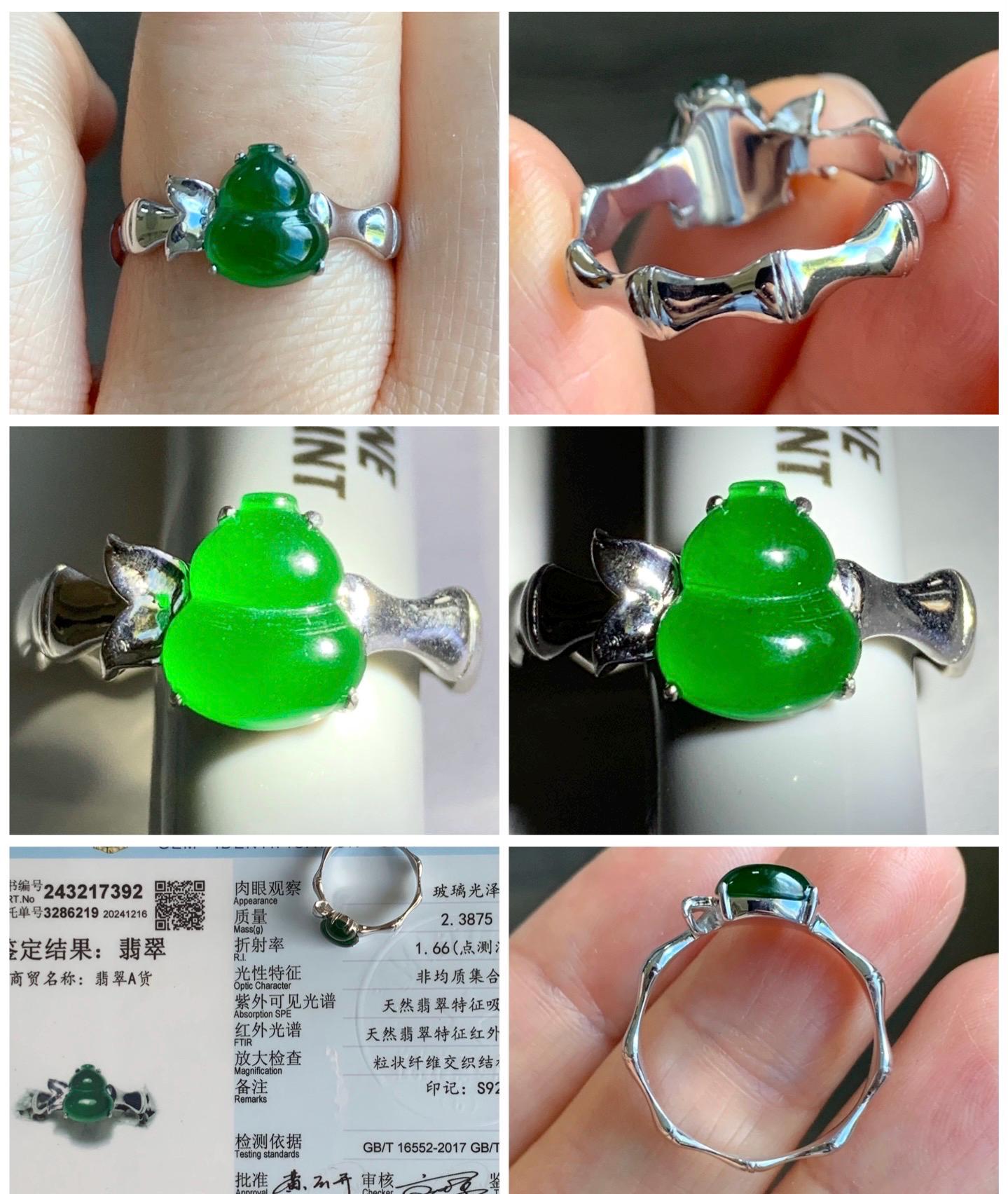 Certified Natural Guatemalan Icy Translucent Vibrant Green Gourd Hulu Jadeite Bamboo Ring Sterling Silver Size 7 US 天然冰胶危绿翡翠葫芦镶嵌竹节款戒指 7392