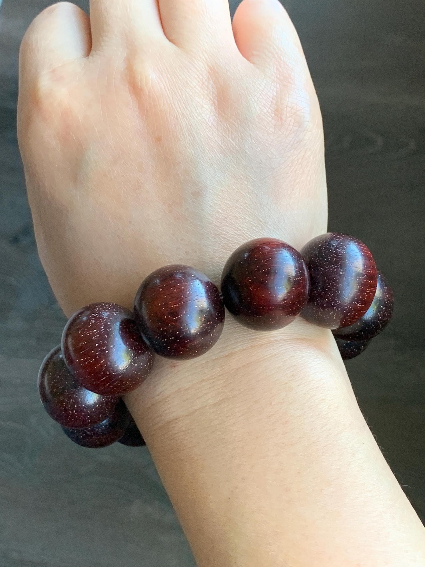 Natural Genuine Red Sandalwood w/ Stars Mala Prayer Beads Beaded Bracelet Stretchy 21.3x22.5mm 9.5” 90g 天然大卡小叶紫檀金星木珠手串一念之间挂坠