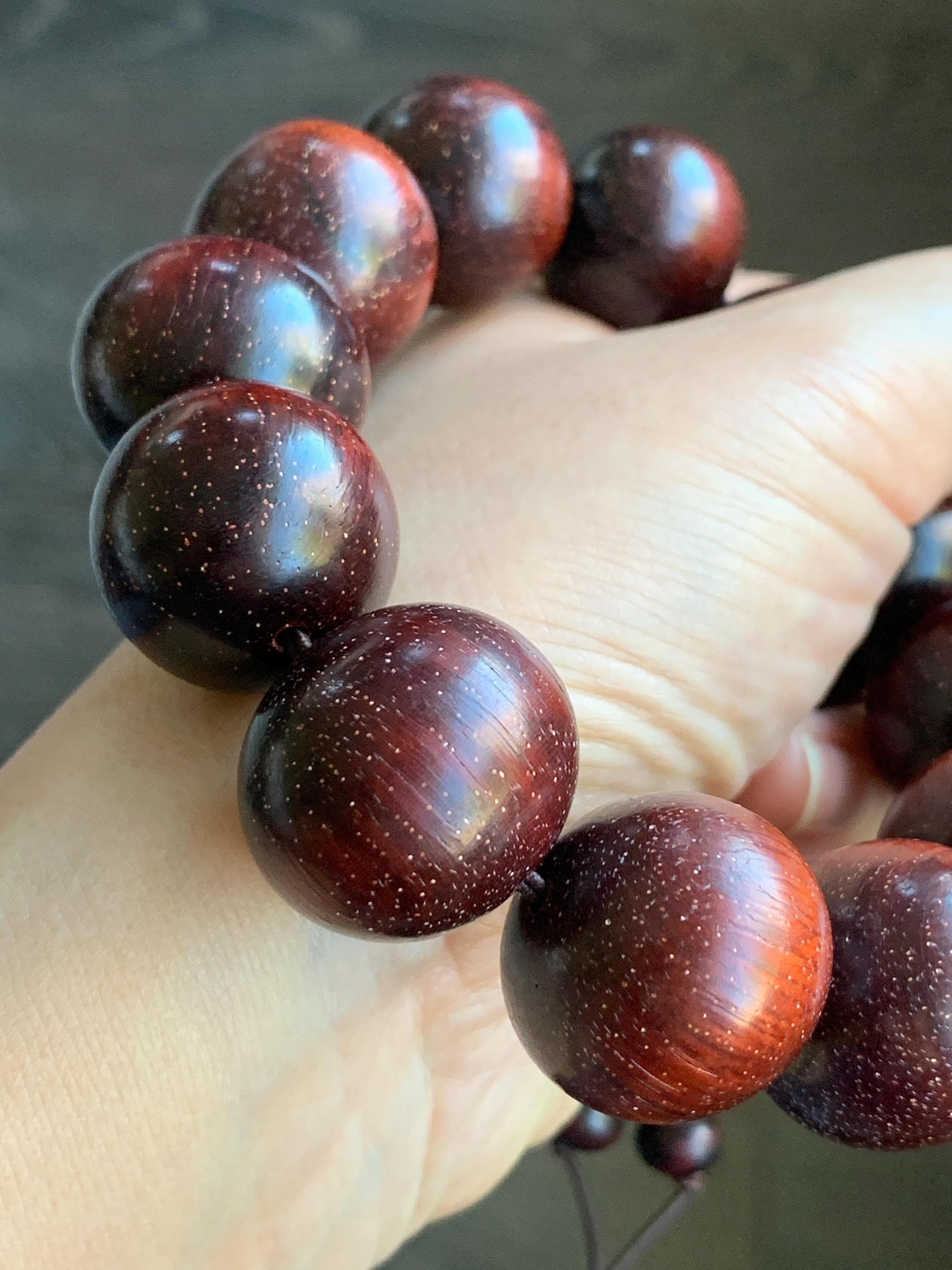 Natural Genuine Red Sandalwood w/ Stars Mala Prayer Beads Beaded Bracelet Stretchy 21.3x22.5mm 9.5” 90g 天然大卡小叶紫檀金星木珠手串一念之间挂坠