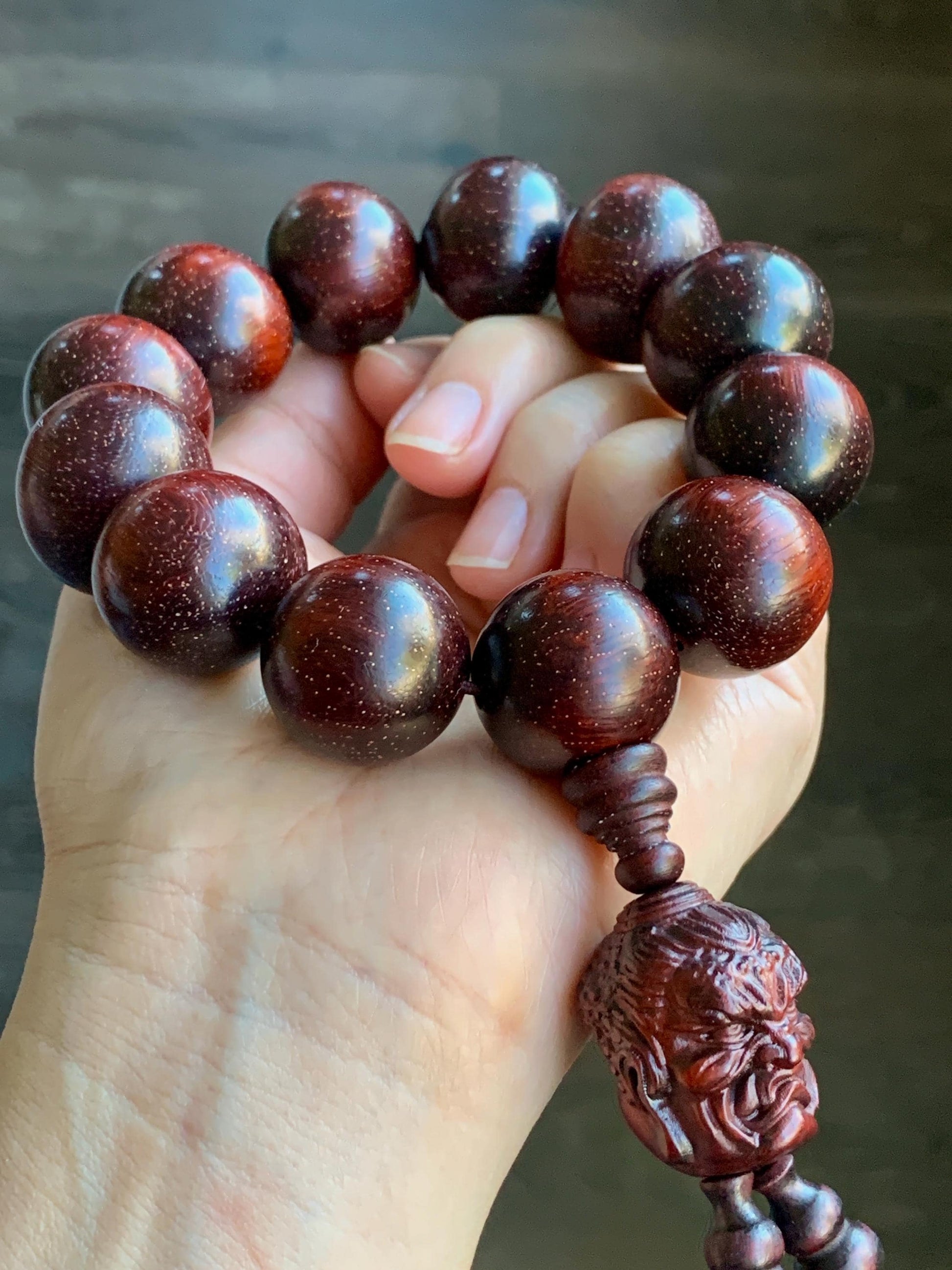 Natural Genuine Red Sandalwood w/ Stars Mala Prayer Beads Beaded Bracelet Stretchy 21.3x22.5mm 9.5” 90g 天然大卡小叶紫檀金星木珠手串一念之间挂坠