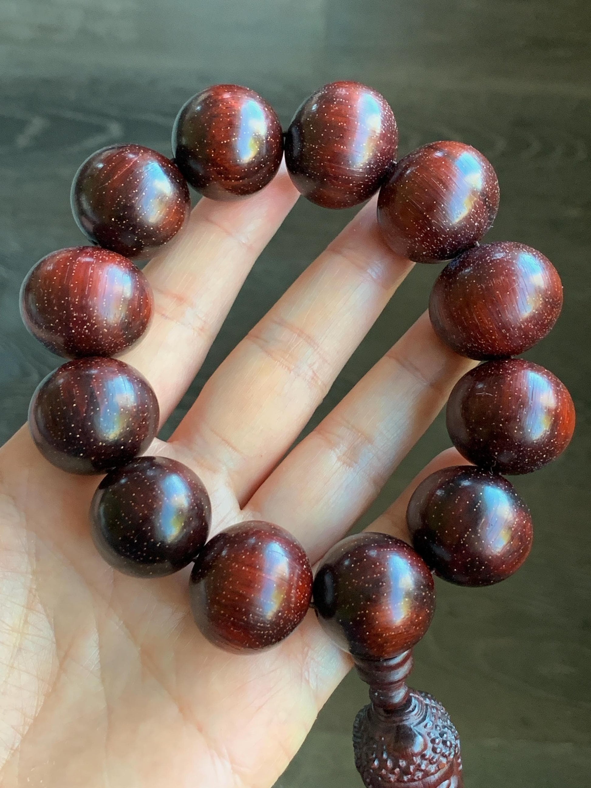 Natural Genuine Red Sandalwood w/ Stars Mala Prayer Beads Beaded Bracelet Stretchy 21.3x22.5mm 9.5” 90g 天然大卡小叶紫檀金星木珠手串一念之间挂坠