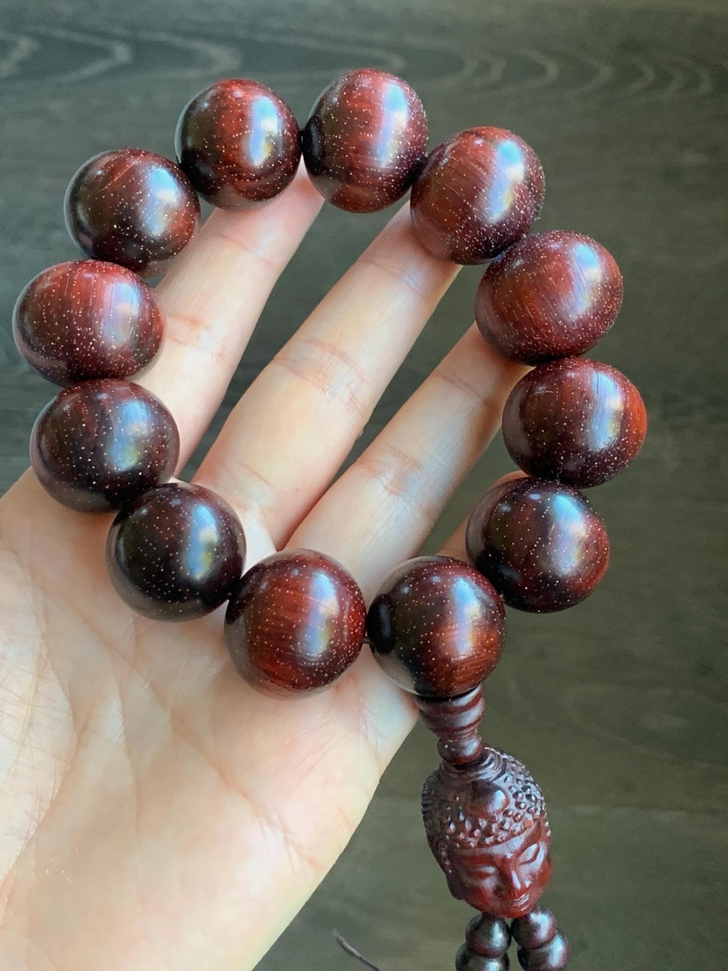 Natural Genuine Red Sandalwood w/ Stars Mala Prayer Beads Beaded Bracelet Stretchy 21.3x22.5mm 9.5” 90g 天然大卡小叶紫檀金星木珠手串一念之间挂坠