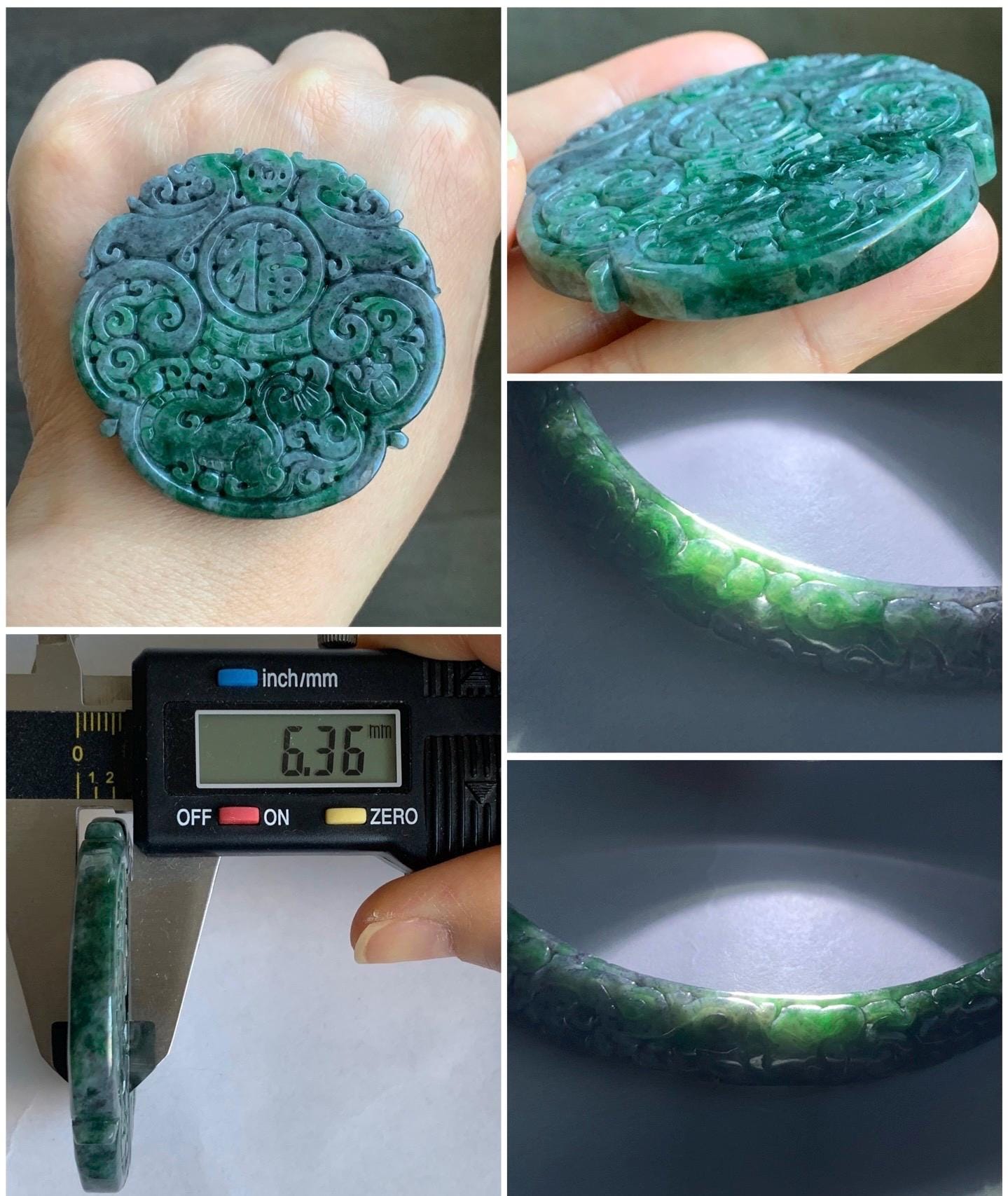 Certified Natural Burmese Translucent Wuji & Green Marbled Jadeite Engraved Bangle Pendant Set 56.7mm 天然缅甸乌鸡飘绿花翡翠雕花手镯镯心吊坠