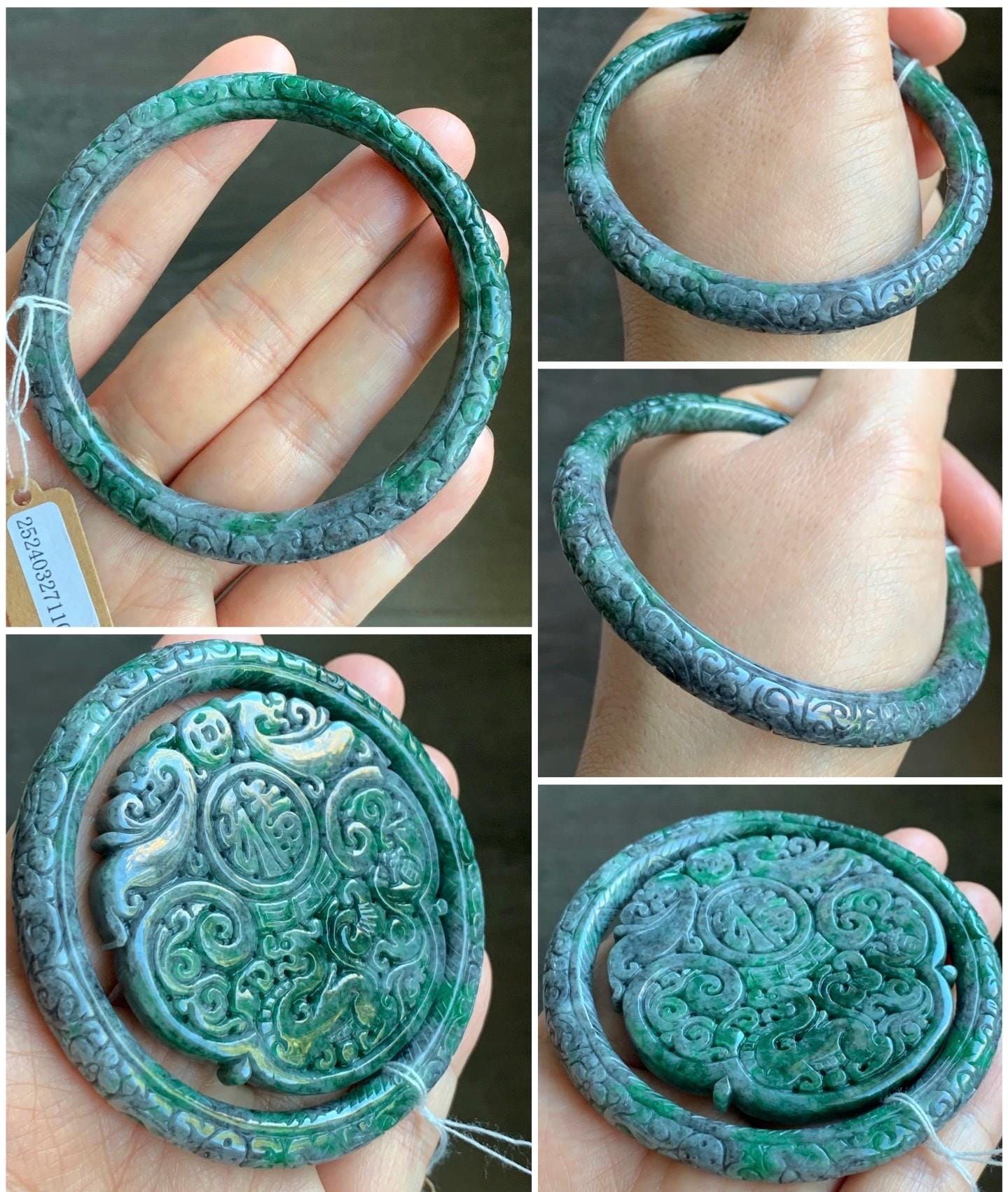 Certified Natural Burmese Translucent Wuji & Green Marbled Jadeite Engraved Bangle Pendant Set 56.7mm 天然缅甸乌鸡飘绿花翡翠雕花手镯镯心吊坠
