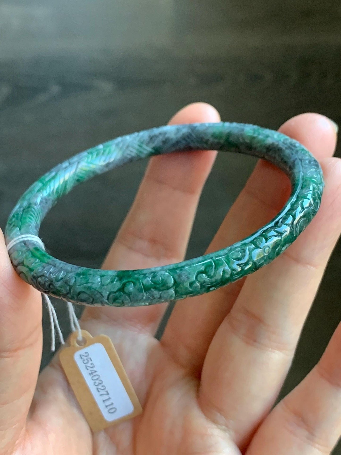 Certified Natural Burmese Translucent Wuji & Green Marbled Jadeite Engraved Bangle Pendant Set 56.7mm 天然缅甸乌鸡飘绿花翡翠雕花手镯镯心吊坠