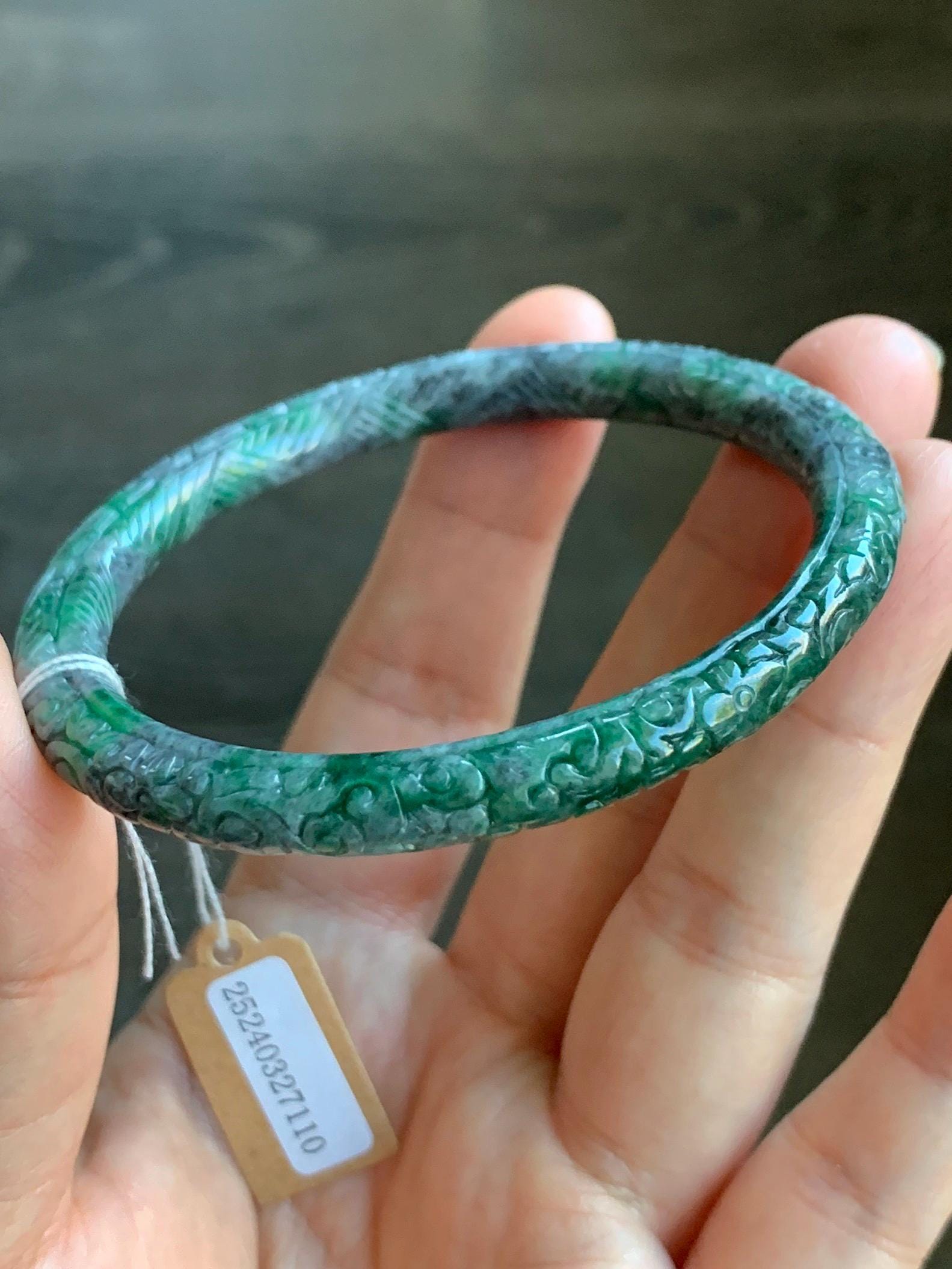 Certified Natural Burmese Translucent Wuji & Green Marbled Jadeite Engraved Bangle Pendant Set 56.7mm 天然缅甸乌鸡飘绿花翡翠雕花手镯镯心吊坠