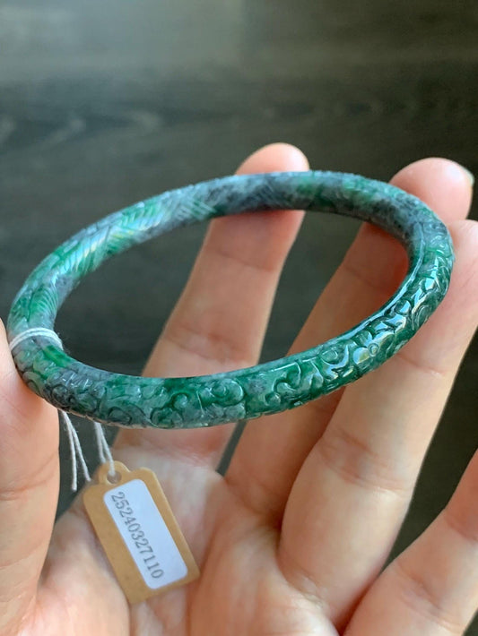 Certified Natural Burmese Translucent Wuji & Green Marbled Jadeite Engraved Bangle Pendant Set 56.7mm 天然缅甸乌鸡飘绿花翡翠雕花手镯镯心吊坠