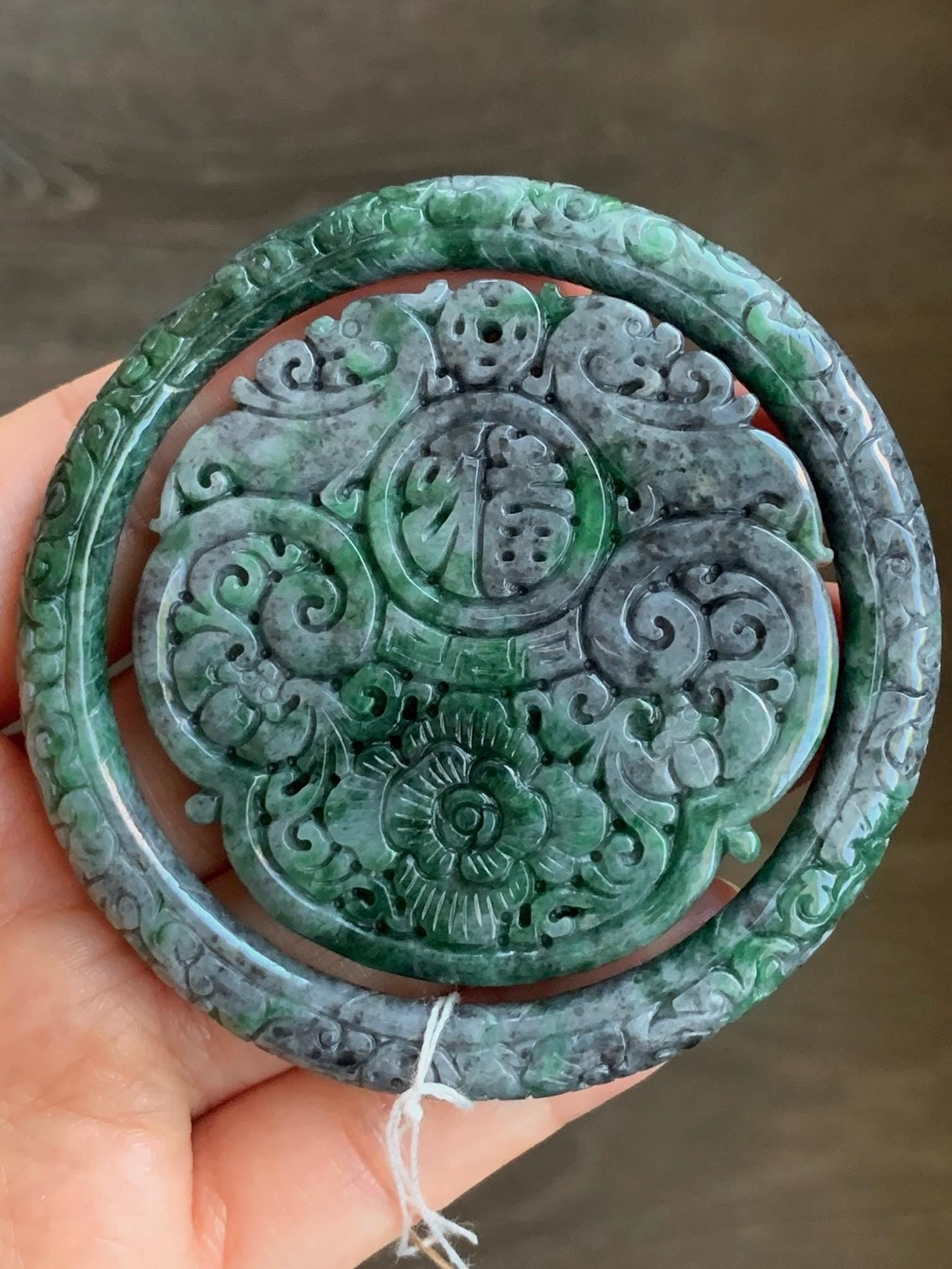 Certified Natural Burmese Translucent Wuji & Green Marbled Jadeite Engraved Bangle Pendant Set 56.7mm 天然缅甸乌鸡飘绿花翡翠雕花手镯镯心吊坠