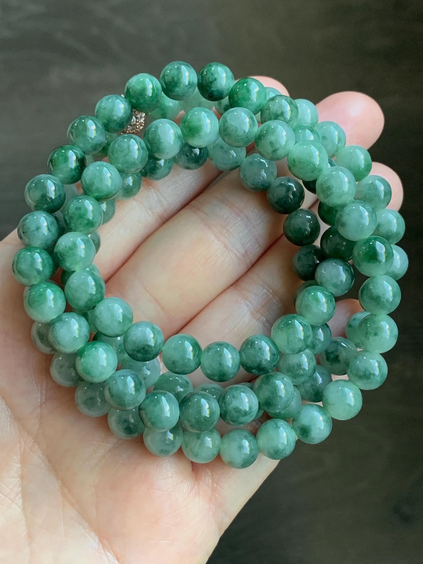 Stunning Natural Burmese Icy Translucent Gelatinous Green Marbled Jadeite Beads Beaded Necklace 7.6mm 28” 71g 天然缅甸冰胶飘绿花翡翠圆珠长串项链 PHS650