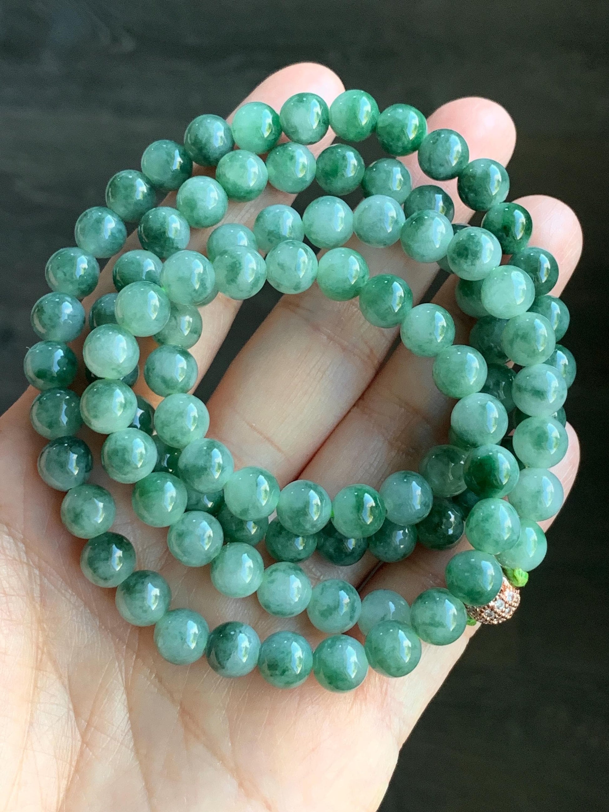 Stunning Natural Burmese Icy Translucent Gelatinous Green Marbled Jadeite Beads Beaded Necklace 7.6mm 28” 71g 天然缅甸冰胶飘绿花翡翠圆珠长串项链 PHS650