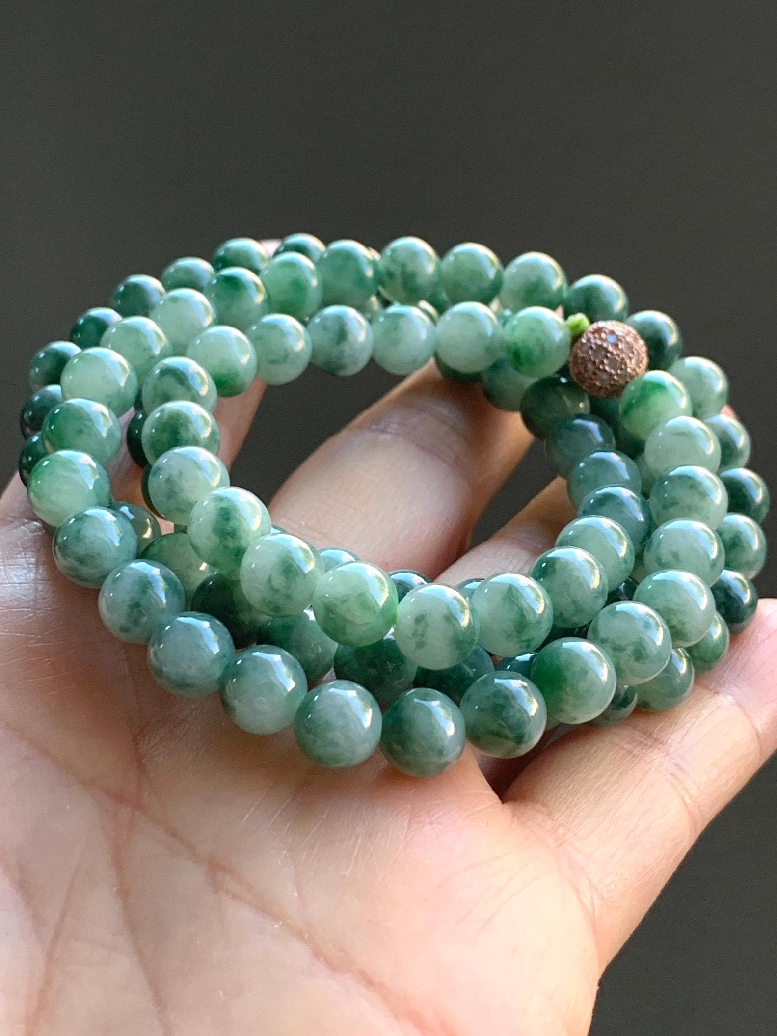 Stunning Natural Burmese Icy Translucent Gelatinous Green Marbled Jadeite Beads Beaded Necklace 7.6mm 28” 71g 天然缅甸冰胶飘绿花翡翠圆珠长串项链 PHS650