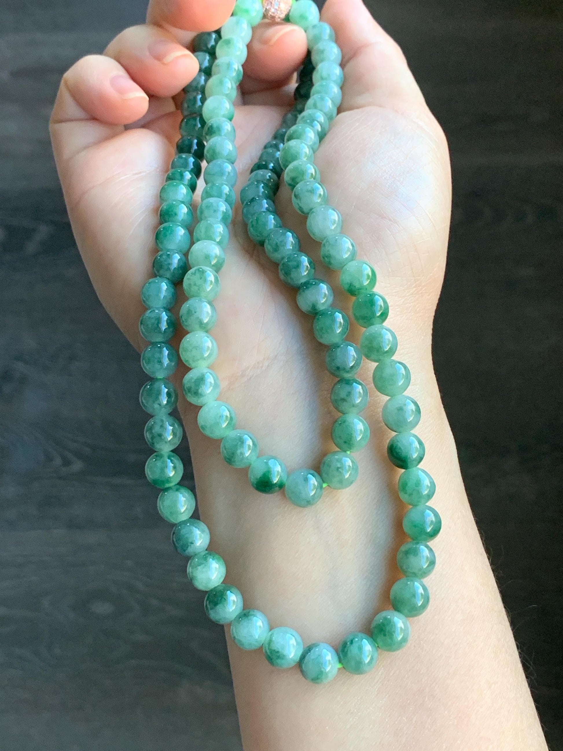 Stunning Natural Burmese Icy Translucent Gelatinous Green Marbled Jadeite Beads Beaded Necklace 7.6mm 28” 71g 天然缅甸冰胶飘绿花翡翠圆珠长串项链 PHS650