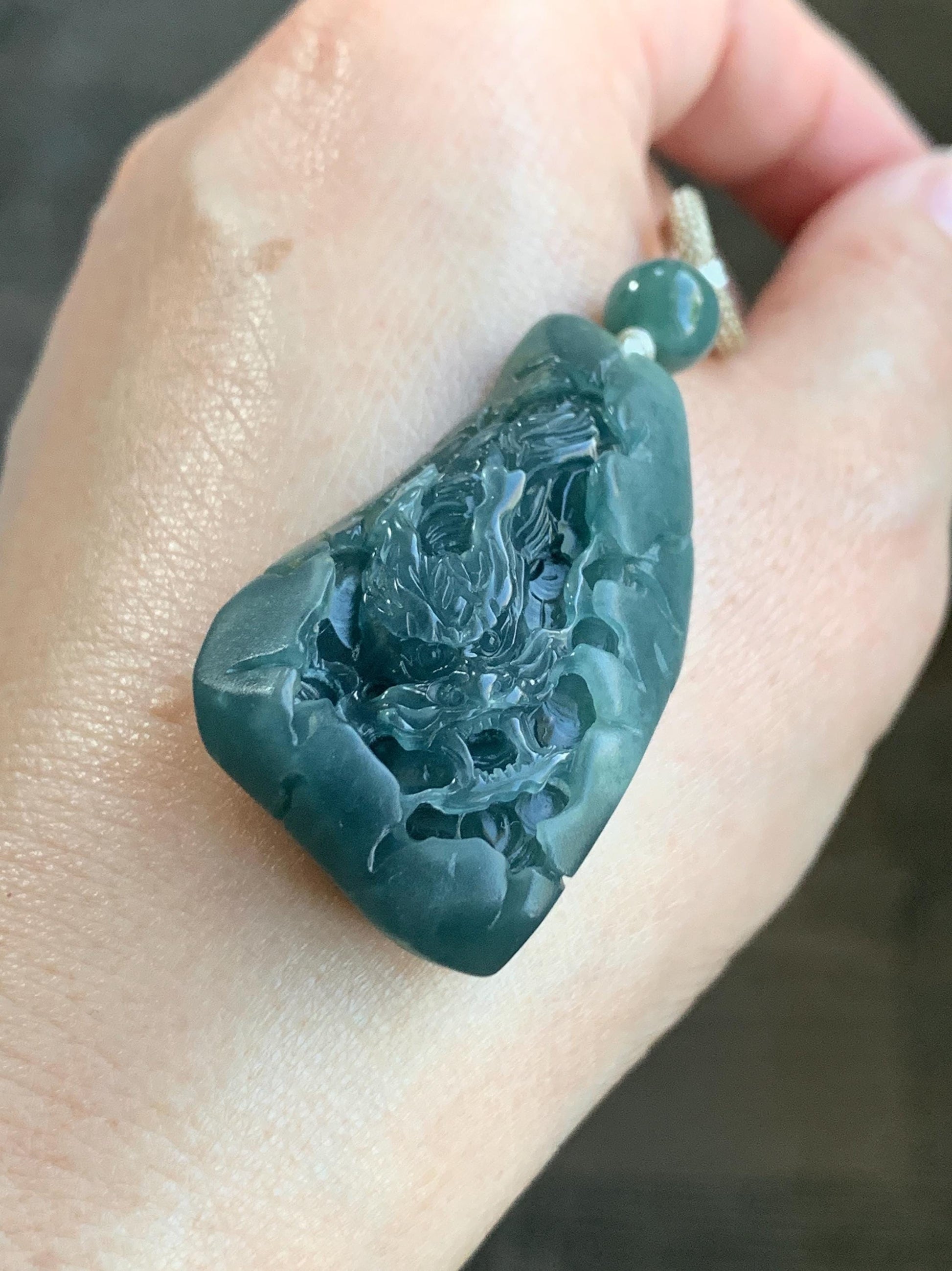 Stunning Natural Guatemalan Icy Translucent Teal Blue Jadeite Carved Dragon Double Sided Pendant Rope Necklace 27" 22g 天然冰危蓝翡翠精工龙牌双面雕双抛吊坠