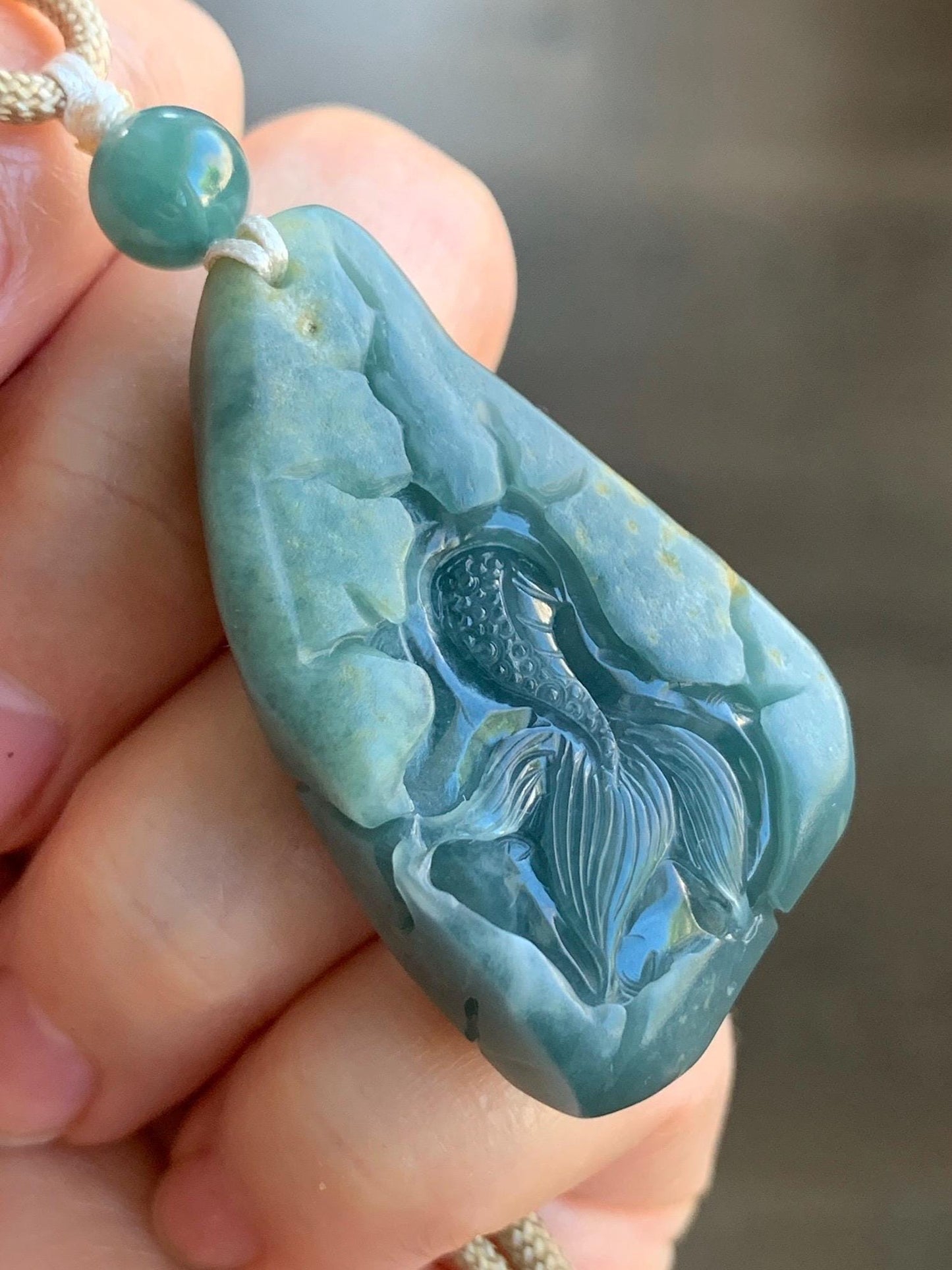 Stunning Natural Guatemalan Icy Translucent Teal Blue Jadeite Carved Dragon Double Sided Pendant Rope Necklace 27" 22g 天然冰危蓝翡翠精工龙牌双面雕双抛吊坠