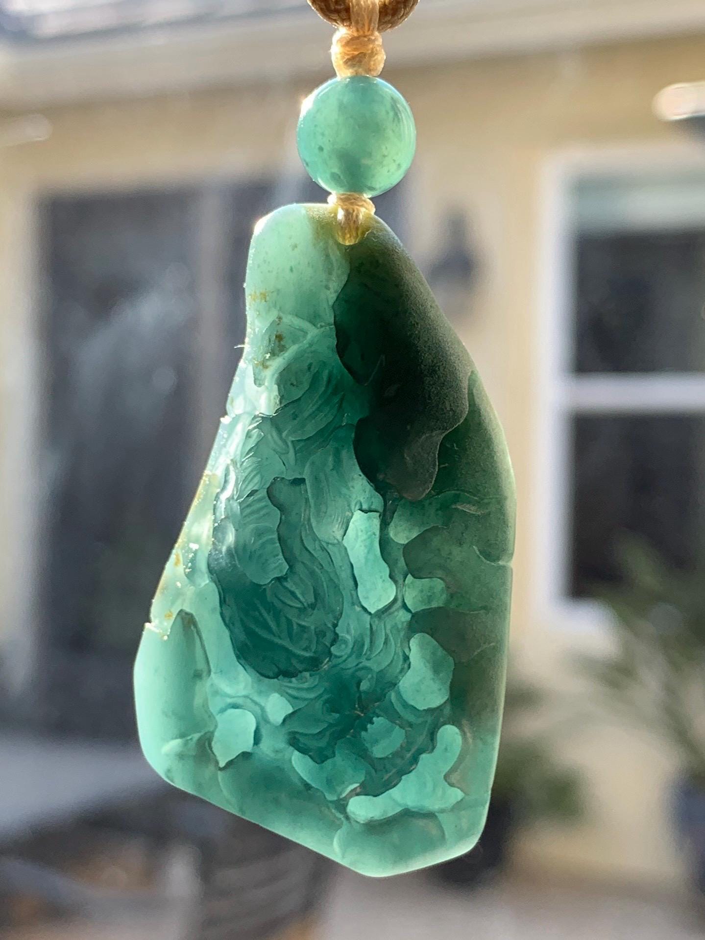 Stunning Natural Guatemalan Icy Translucent Teal Blue Jadeite Carved Dragon Double Sided Pendant Rope Necklace 27" 22g 天然冰危蓝翡翠精工龙牌双面雕双抛吊坠