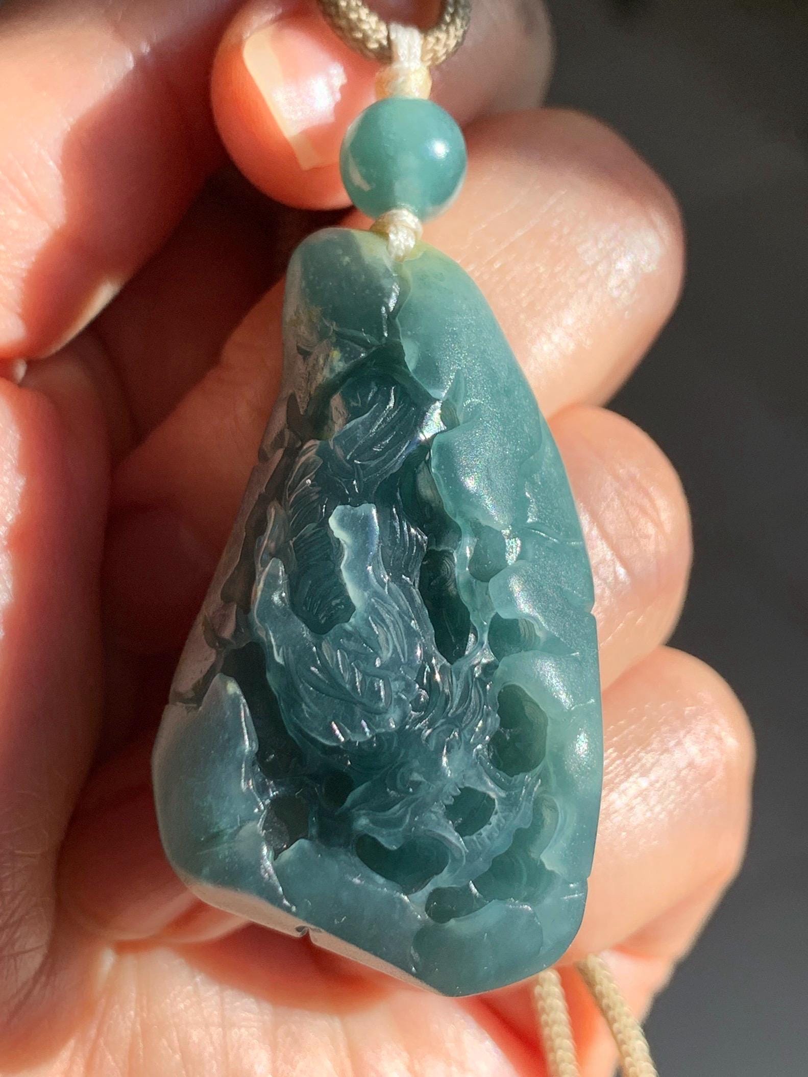 Stunning Natural Guatemalan Icy Translucent Teal Blue Jadeite Carved Dragon Double Sided Pendant Rope Necklace 27" 22g 天然冰危蓝翡翠精工龙牌双面雕双抛吊坠