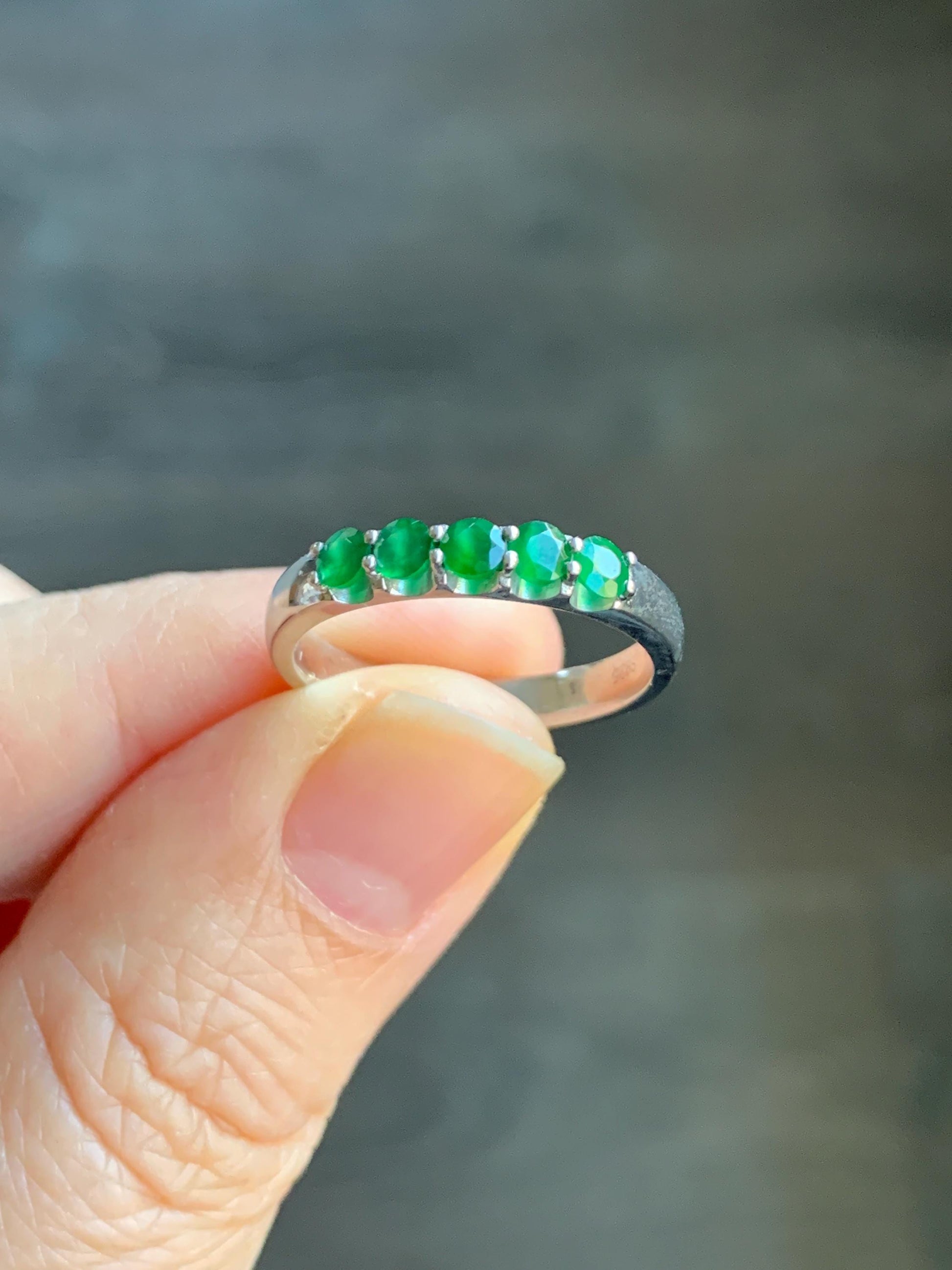Certified Natural Guatemalan Icy Translucent Vibrant Green 5-Stone Jadeite Diamond Faceted Band Ring Size 7.25 Sterling Silver 天然冰危绿钻石翡翠镶嵌排戒