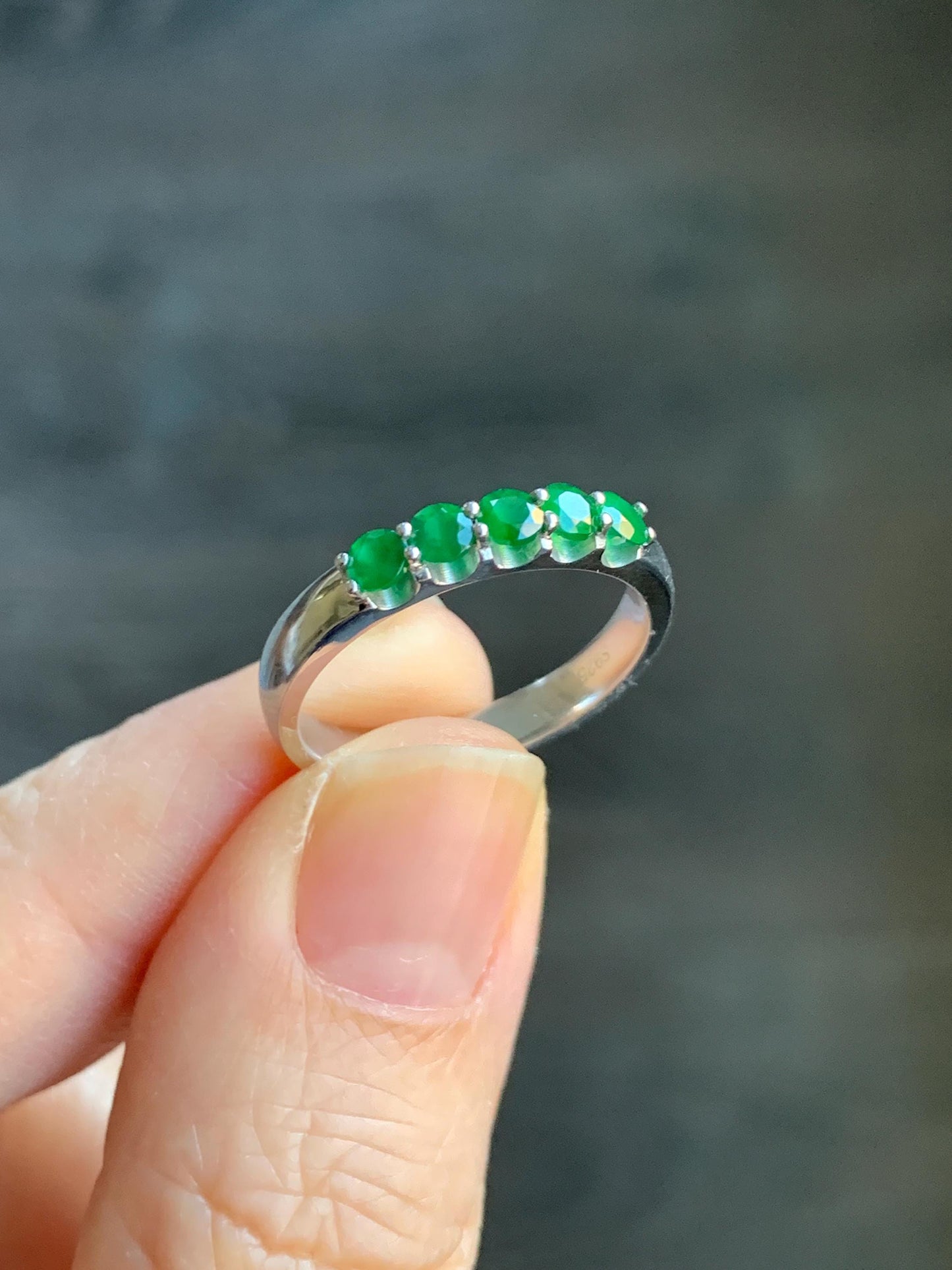 Certified Natural Guatemalan Icy Translucent Vibrant Green 5-Stone Jadeite Diamond Faceted Band Ring Size 7.25 Sterling Silver 天然冰危绿钻石翡翠镶嵌排戒