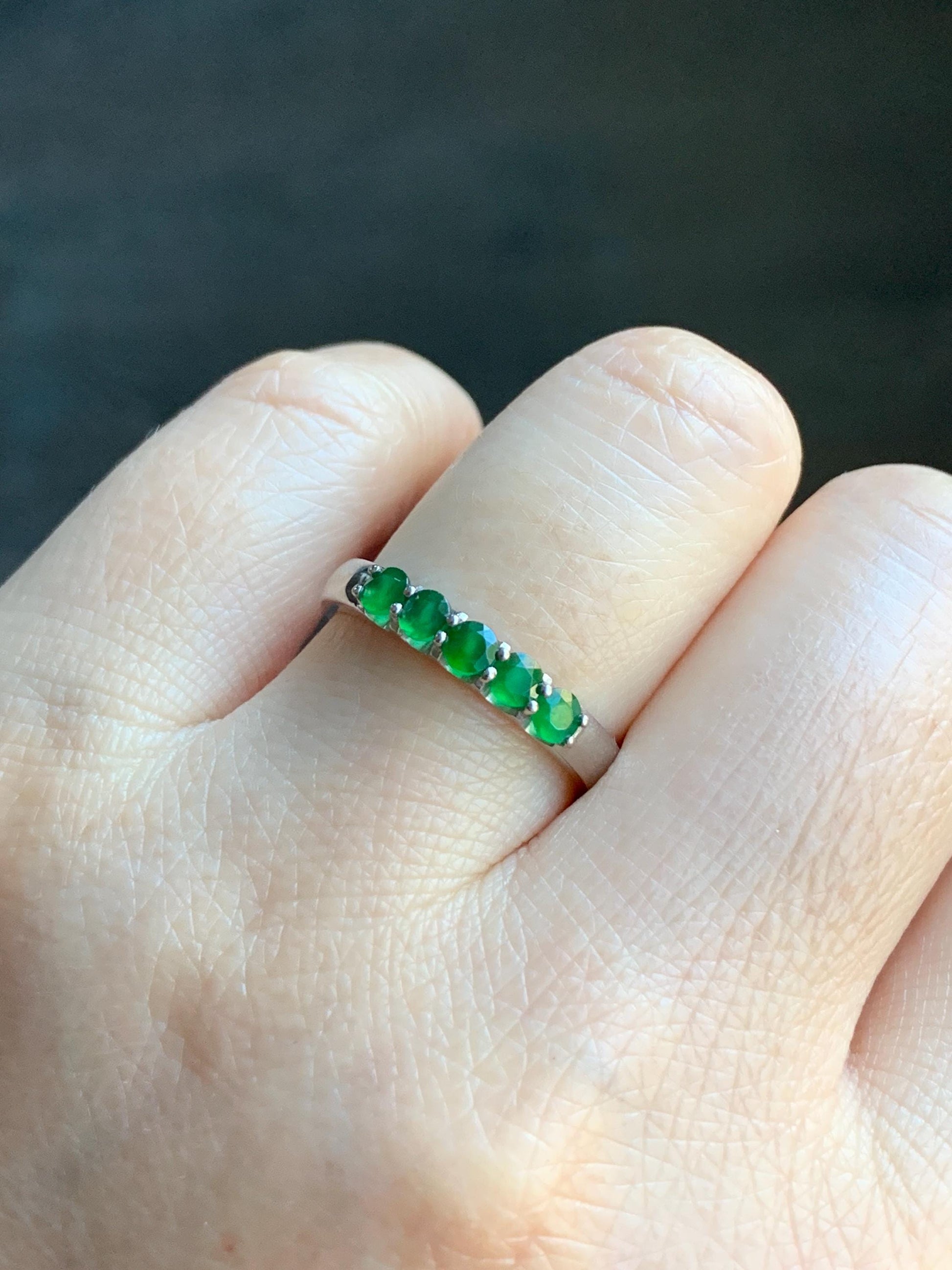 Certified Natural Guatemalan Icy Translucent Vibrant Green 5-Stone Jadeite Diamond Faceted Band Ring Size 7.25 Sterling Silver 天然冰危绿钻石翡翠镶嵌排戒