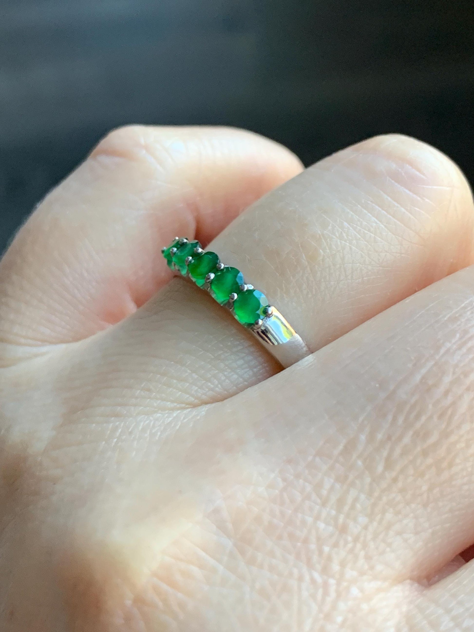 Certified Natural Guatemalan Icy Translucent Vibrant Green 5-Stone Jadeite Diamond Faceted Band Ring Size 7.25 Sterling Silver 天然冰危绿钻石翡翠镶嵌排戒