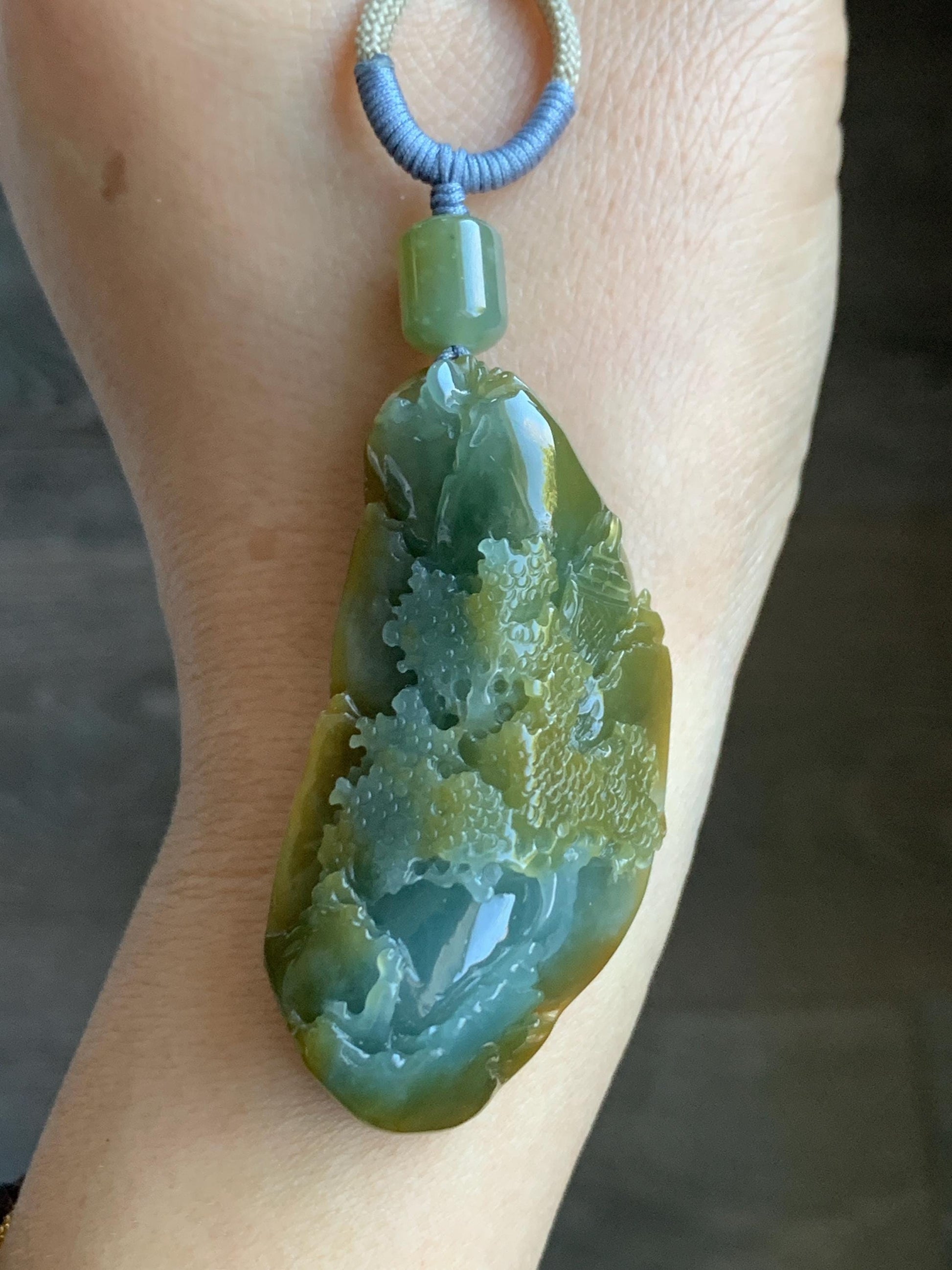 Natural Grade A Icy Translucent Blue & Yellow Bicolored Jadeite Carved Shan Shui Landscape Pendant Rope Necklace 28" 天然冰危蓝加黄翡翠精工雕吊坠