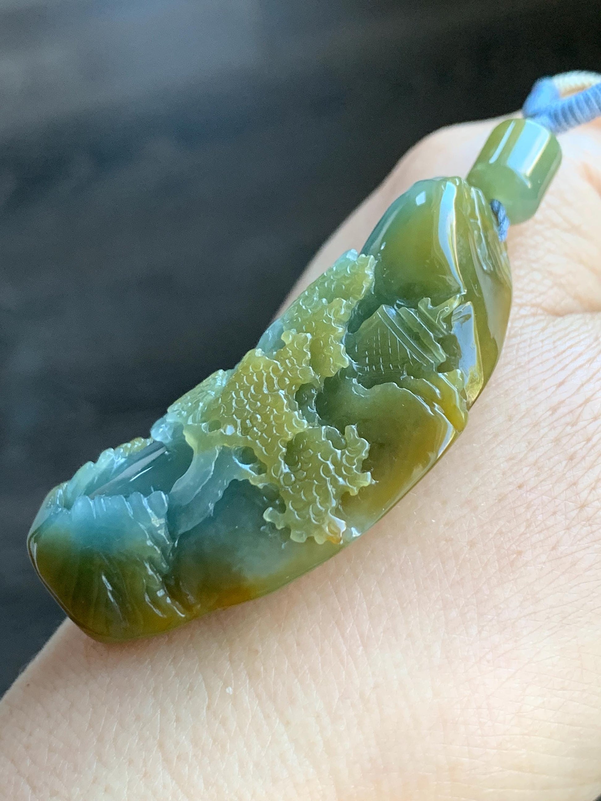 Natural Grade A Icy Translucent Blue & Yellow Bicolored Jadeite Carved Shan Shui Landscape Pendant Rope Necklace 28" 天然冰危蓝加黄翡翠精工雕吊坠