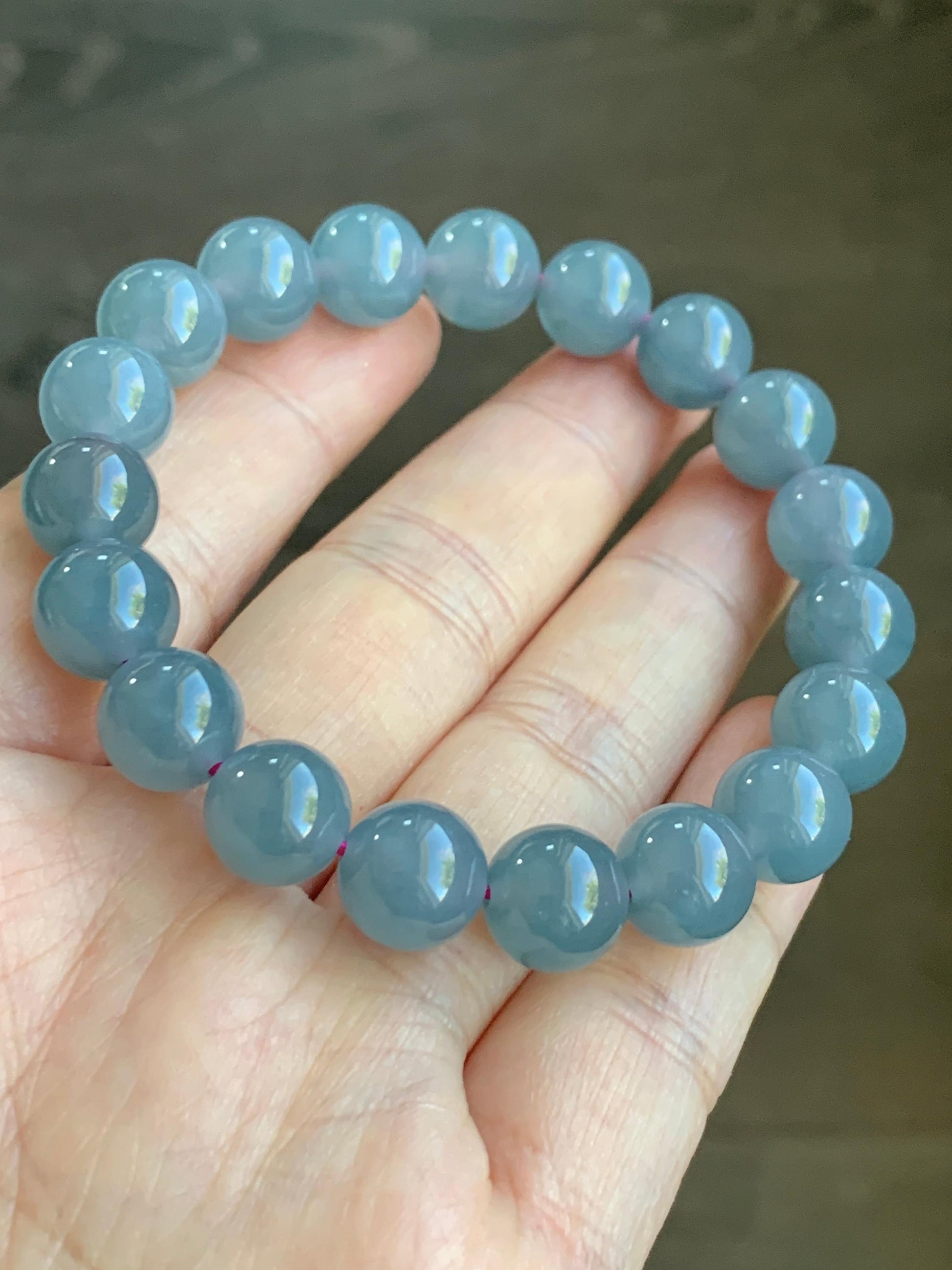 Certified Natural Grade A Icy Translucent Gelatinous Dusty Purplish Blue Jadeite Beaded Bracelet 9.6mm 6.75&quot; 30g 7849