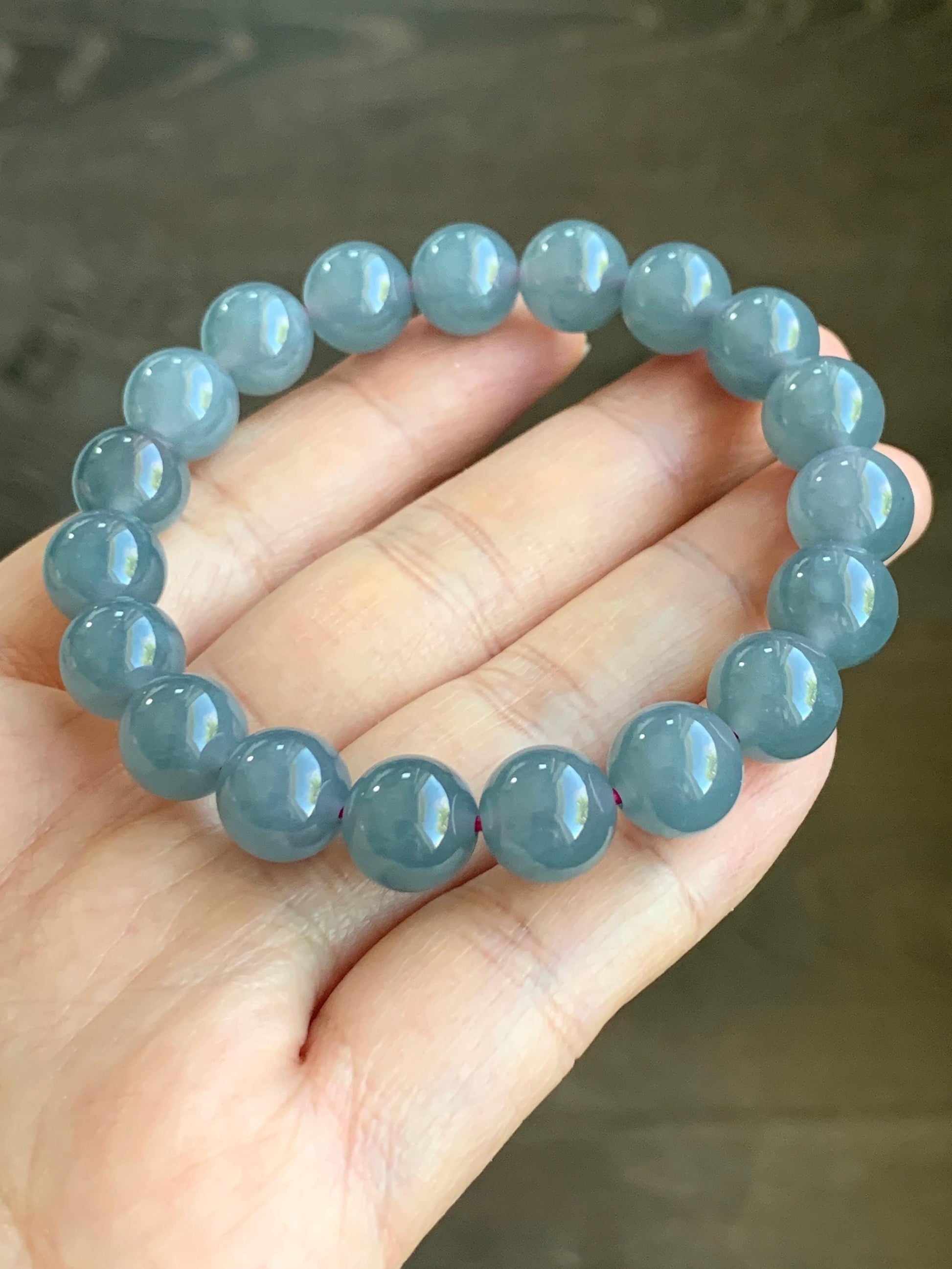 Certified Natural Grade A Icy Translucent Gelatinous Dusty Purplish Blue Jadeite Beaded Bracelet 9.6mm 6.75&quot; 30g 7849