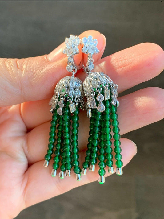 Certified Natural Grade A Icy Translucent Jadeite Beaded Dangle Earrings Sterling Silver 天然冰危绿小米珠耳包耳环 7844