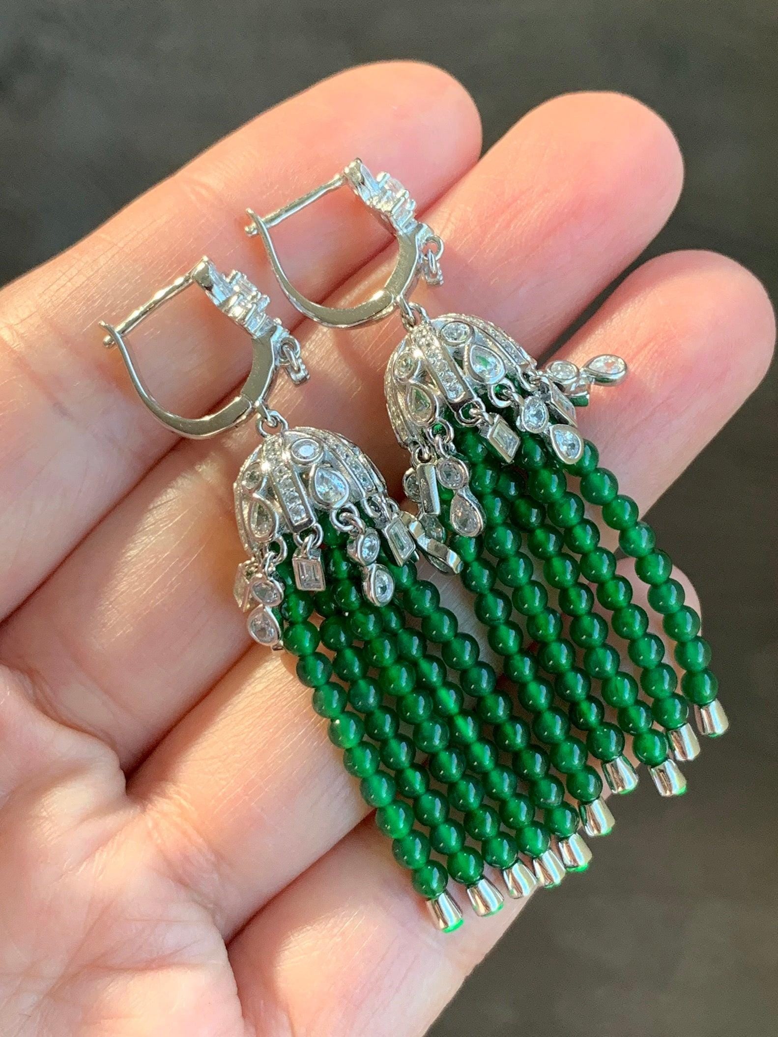 Certified Natural Grade A Icy Translucent Jadeite Beaded Dangle Earrings Sterling Silver 天然冰危绿小米珠耳包耳环 7844