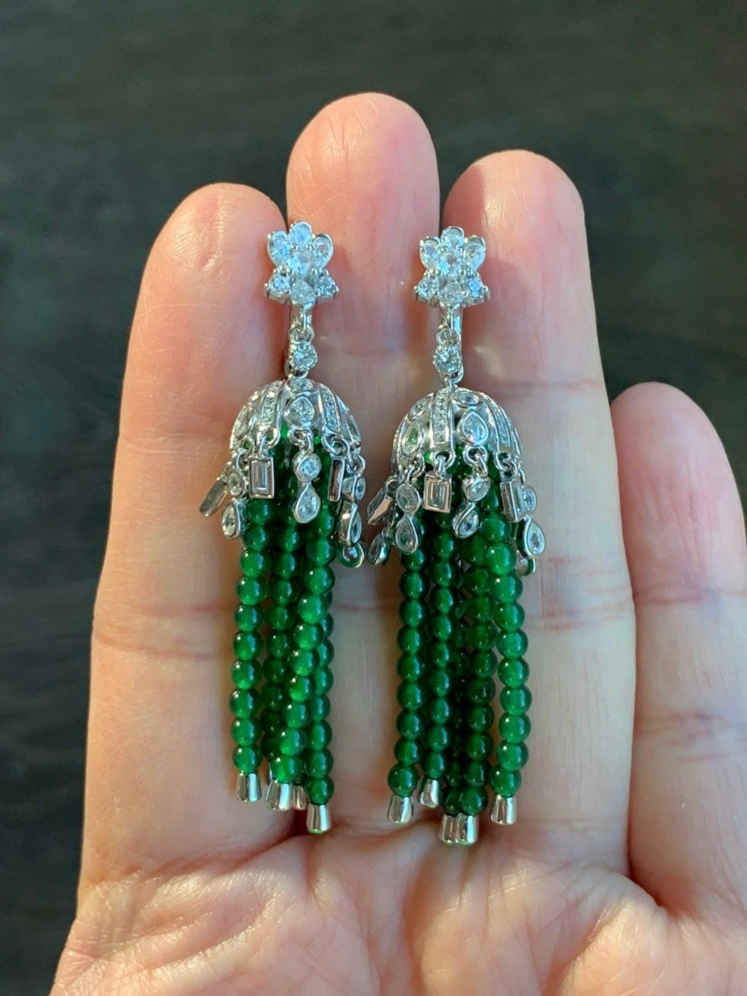 Certified Natural Grade A Icy Translucent Jadeite Beaded Dangle Earrings Sterling Silver 天然冰危绿小米珠耳包耳环 7844