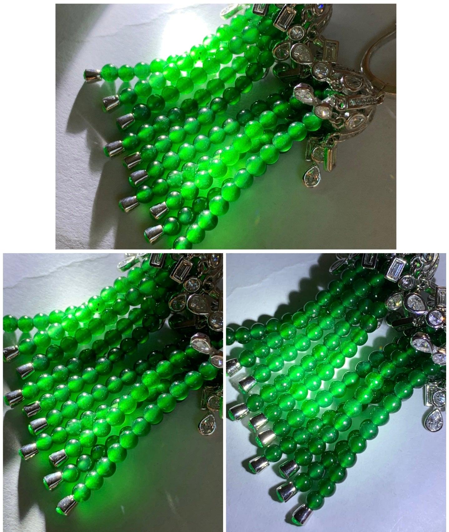 Certified Natural Grade A Icy Translucent Jadeite Beaded Dangle Earrings Sterling Silver 天然冰危绿小米珠耳包耳环 7844