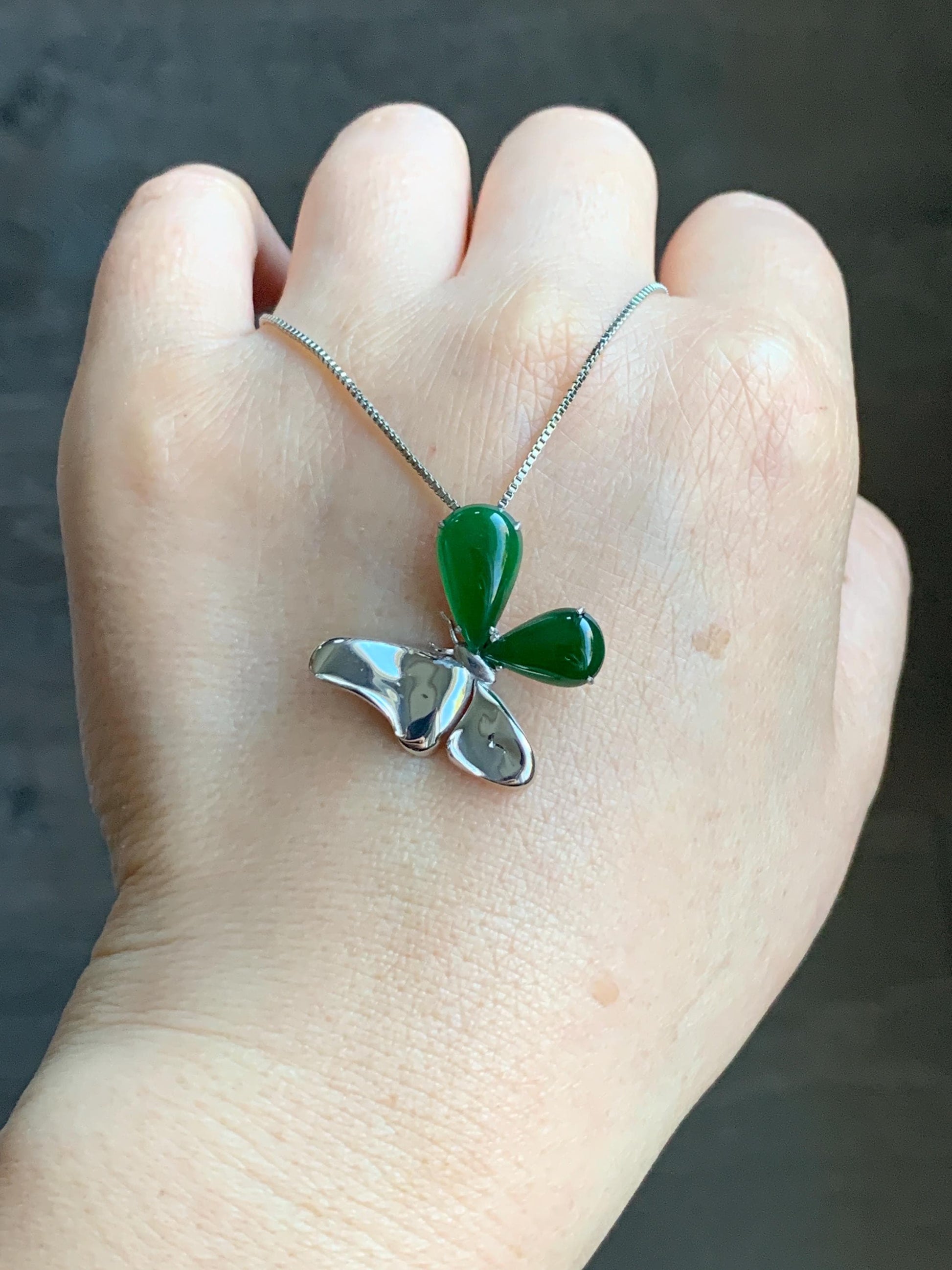 Certified Natural Guatemalan Icy Translucent Vibrant Green Teardrop Jadeite Butterfly Design Pendant Sterling Silver 天然冰危绿水滴翡翠蝴蝶镶嵌吊坠 7424