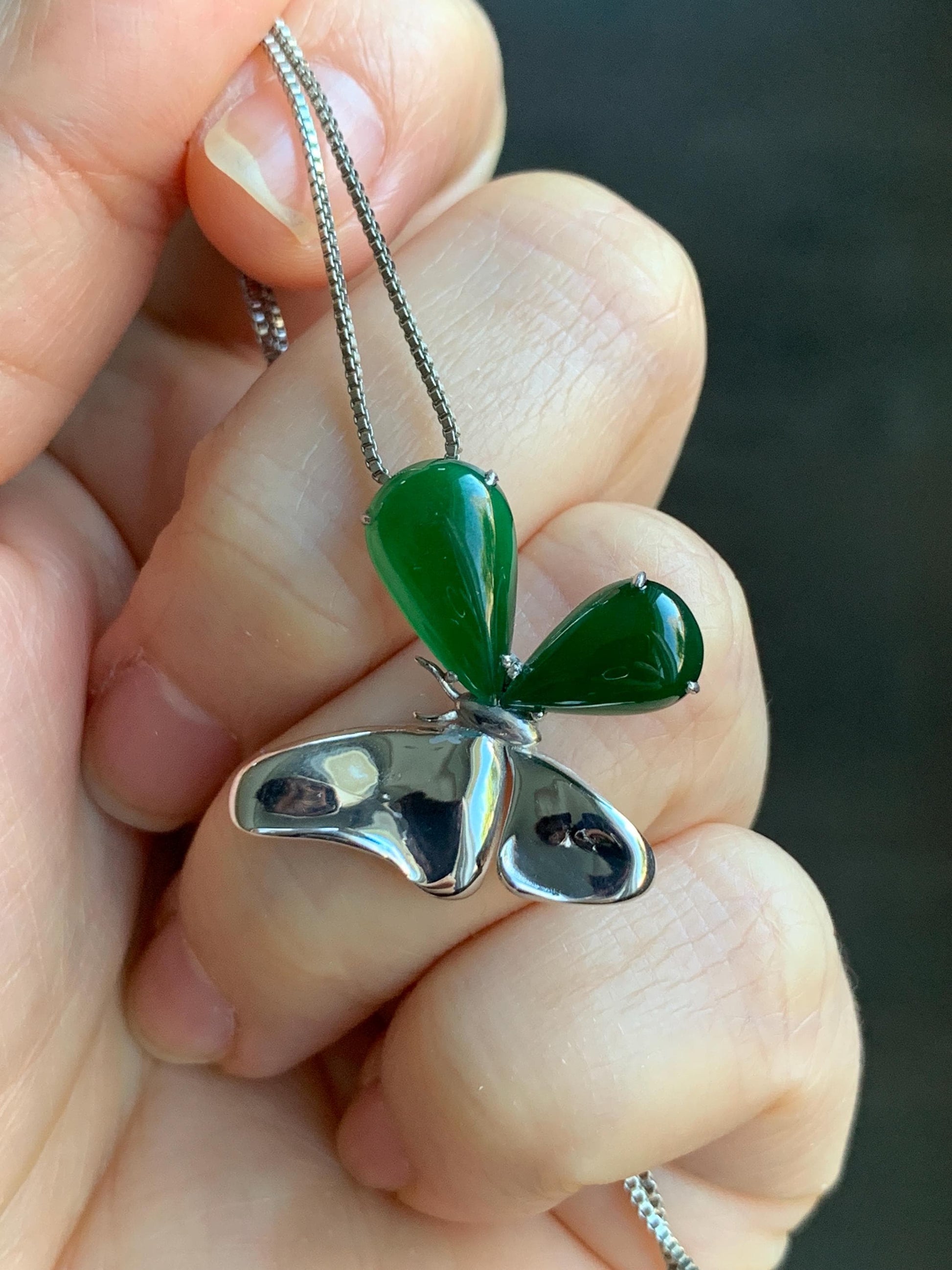 Certified Natural Guatemalan Icy Translucent Vibrant Green Teardrop Jadeite Butterfly Design Pendant Sterling Silver 天然冰危绿水滴翡翠蝴蝶镶嵌吊坠 7424