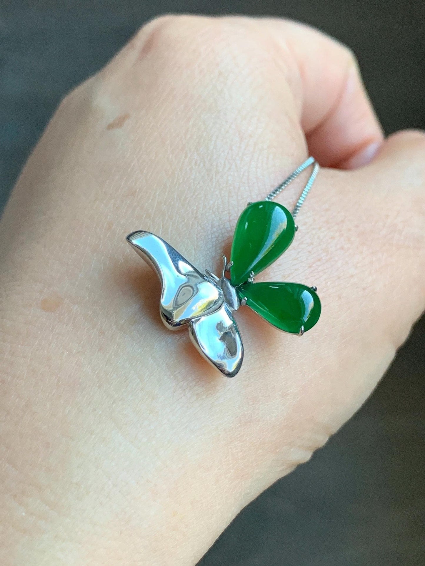 Certified Natural Guatemalan Icy Translucent Vibrant Green Teardrop Jadeite Butterfly Design Pendant Sterling Silver 天然冰危绿水滴翡翠蝴蝶镶嵌吊坠 7424
