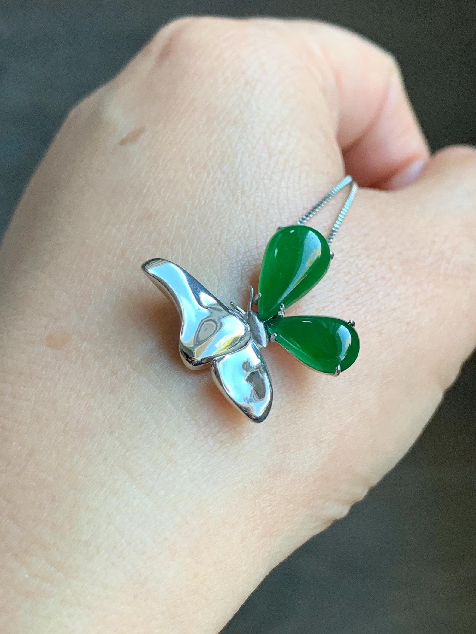 Certified Natural Guatemalan Icy Translucent Vibrant Green Teardrop Jadeite Butterfly Design Pendant Sterling Silver 天然冰危绿水滴翡翠蝴蝶镶嵌吊坠 7424